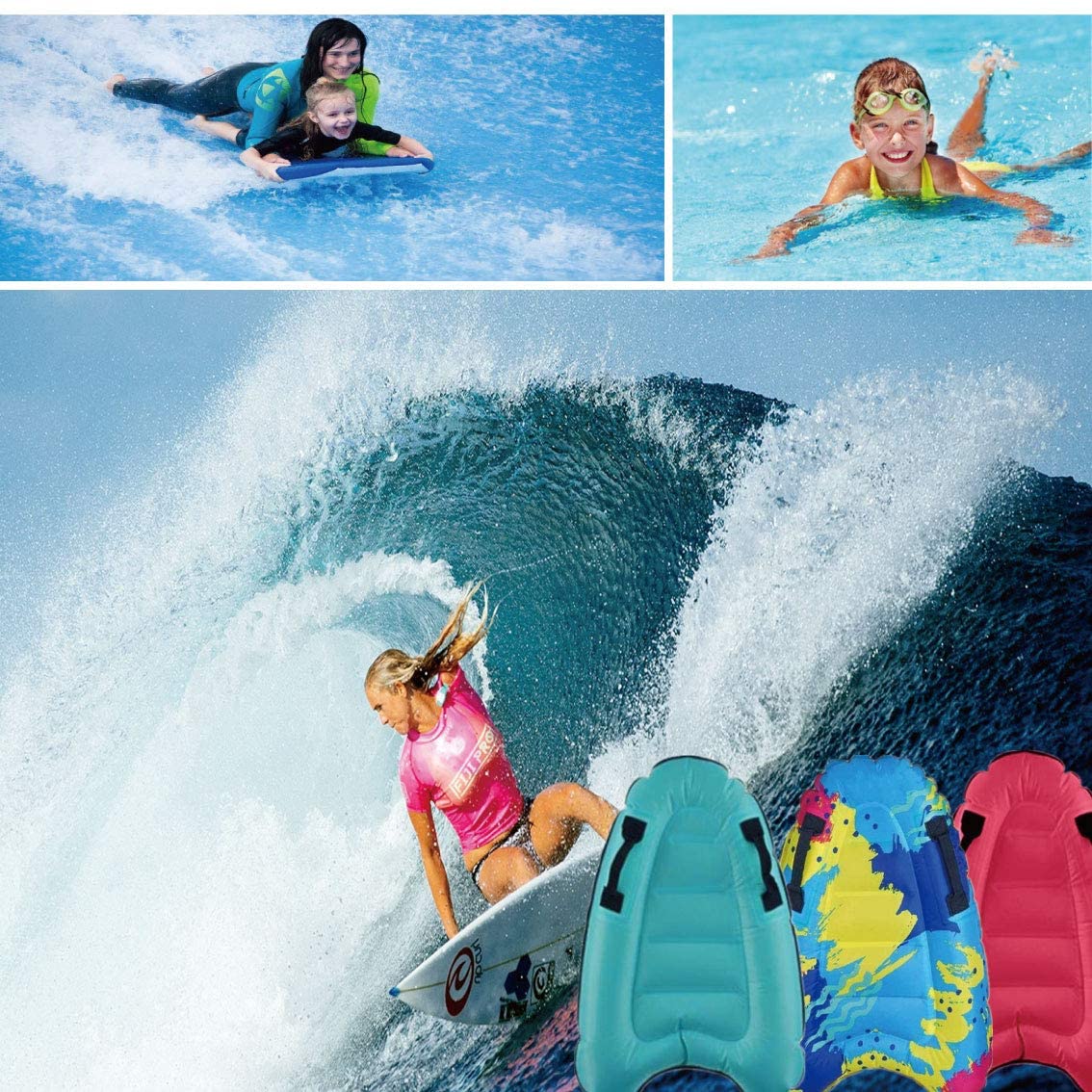 Inflatable Body Surfing Float Board Surf Rider for Slip and Slides Pool Water Game Portable Dual Buggie Board Wave Bodyboard Water Beach Fun Toy Double-Color Design for Kids and Adult 3020Inch Colorful