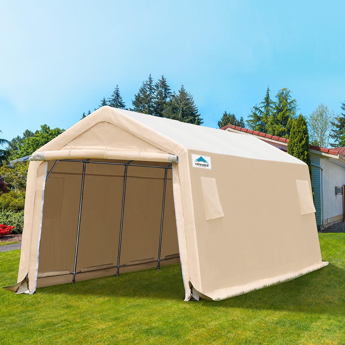 ADVANCE OUTDOOR 10X20 ft Carport Heavy Duty Outdoor Patio Anti-Snow Portable Canopy Storage Shelter Shed with 2 Rolled up Zipper Doors & Vents for Snowmobile Garden Tools, Beige (8808BY-3) 10'x20'