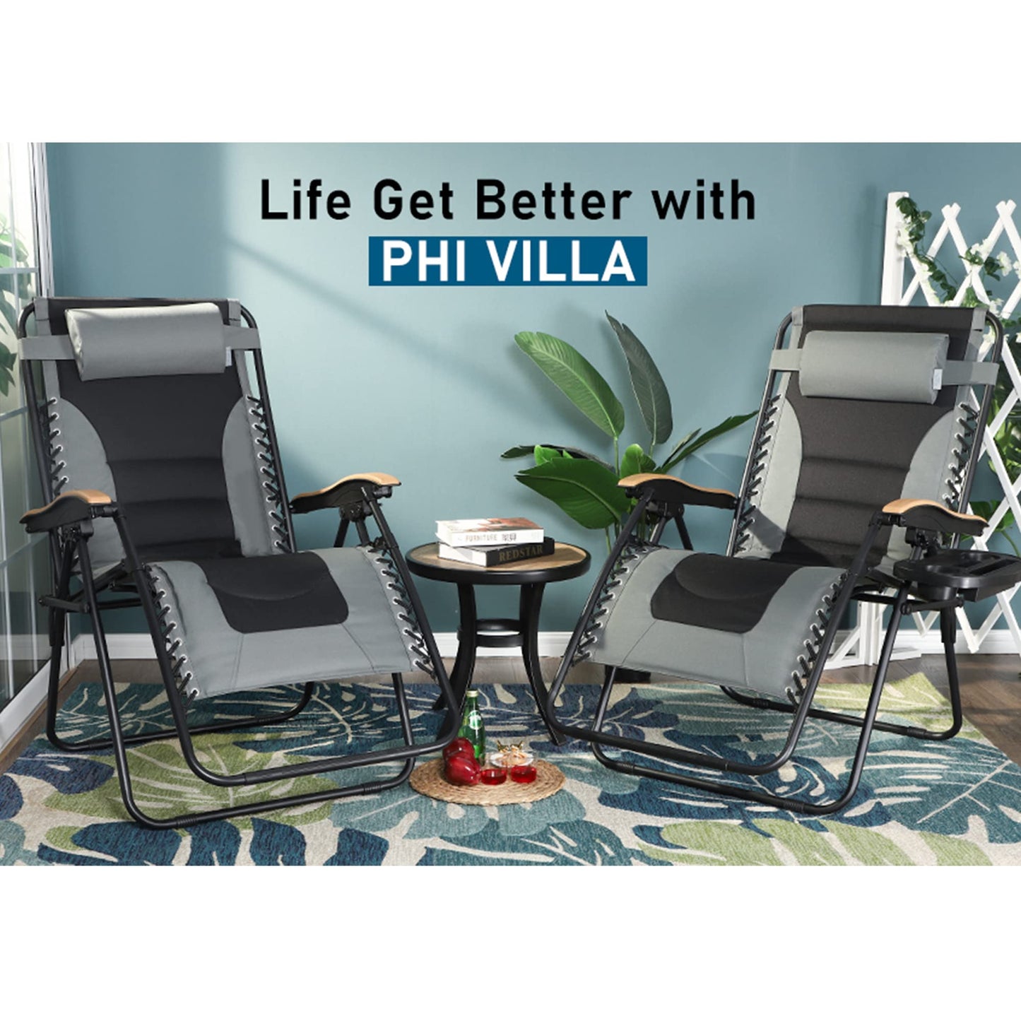 PHI VILLA Oversize XL Padded Zero Gravity Lounge Chair Family Lovers Pack with Wide Armrest Foldable Recliner, Set of 2, Support 400 LBS (Grey) Grey-oversized 2-Pack