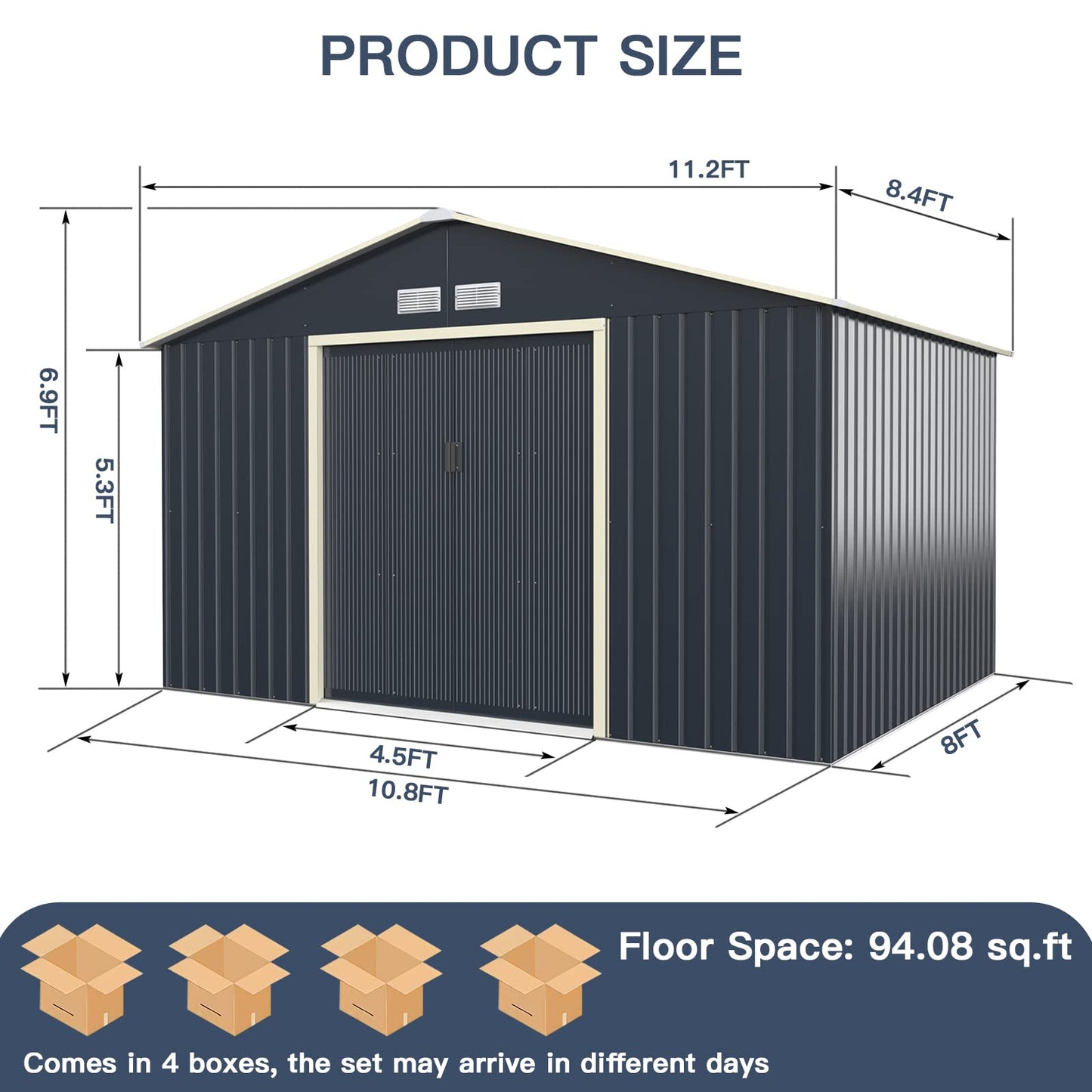 Giantex Outdoor Storage Shed with Double Sliding Door, Galvanized Metal Garden Storage Room, Front and Back Vent, Weather Resistant Tool Storage Shed for Backyard, Patio, Lawn (11 x 8 FT) 11 x 8 FT