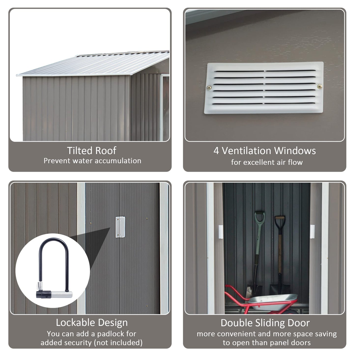 Outsunny 9' x 6' Metal Storage Shed, Garden Tool House with Floor Foundation, Double Sliding Doors, 4 Air Vents for Backyard, Patio, Lawn, Grey Gray 9' x 6'