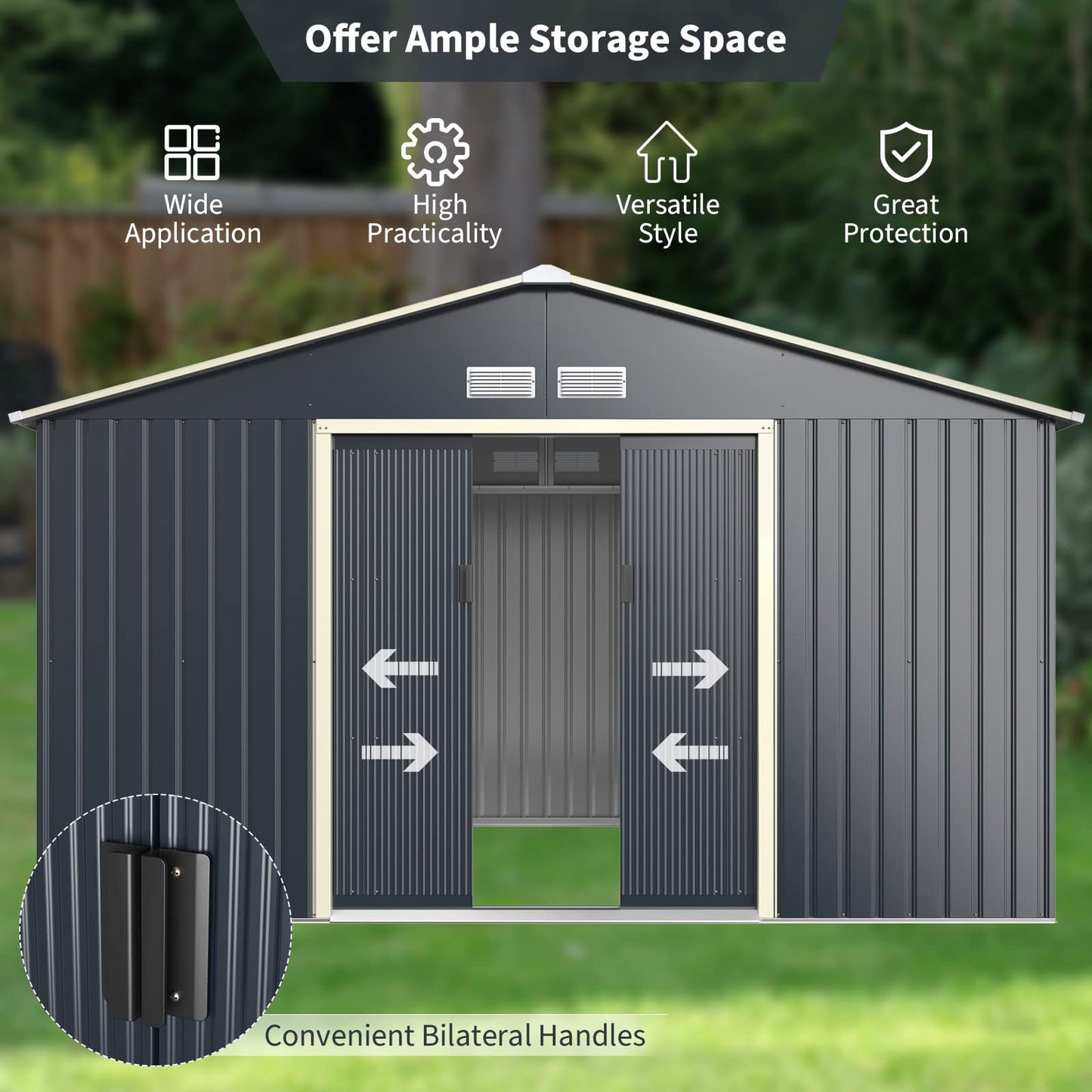 Goplus Abri de rangement en métal 11' X 8' Organisateur de bâtiment extérieur avec 4 aérations et double porte coulissante pour jardin, arrière-cour, ferme (11' X 8') 11' X 8'