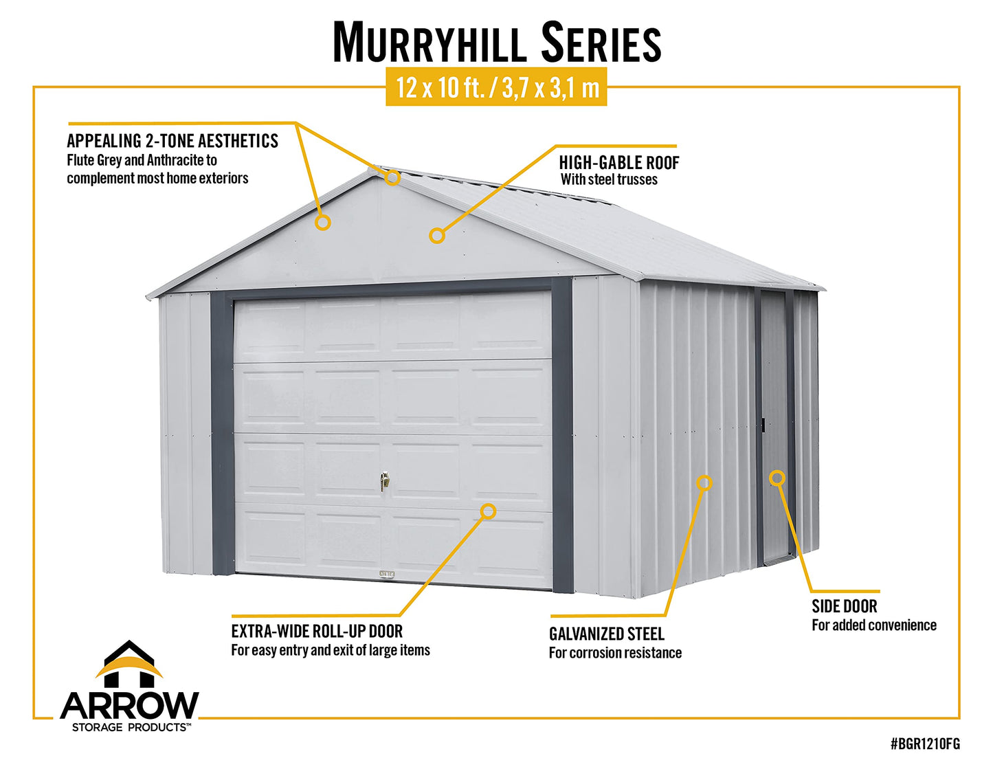 Arrow Shed Hangar préfabriqué avec murs extra hauts en acier galvanisé pour garage Murryhill, 12' x 10', 12' x 10', gris flûte