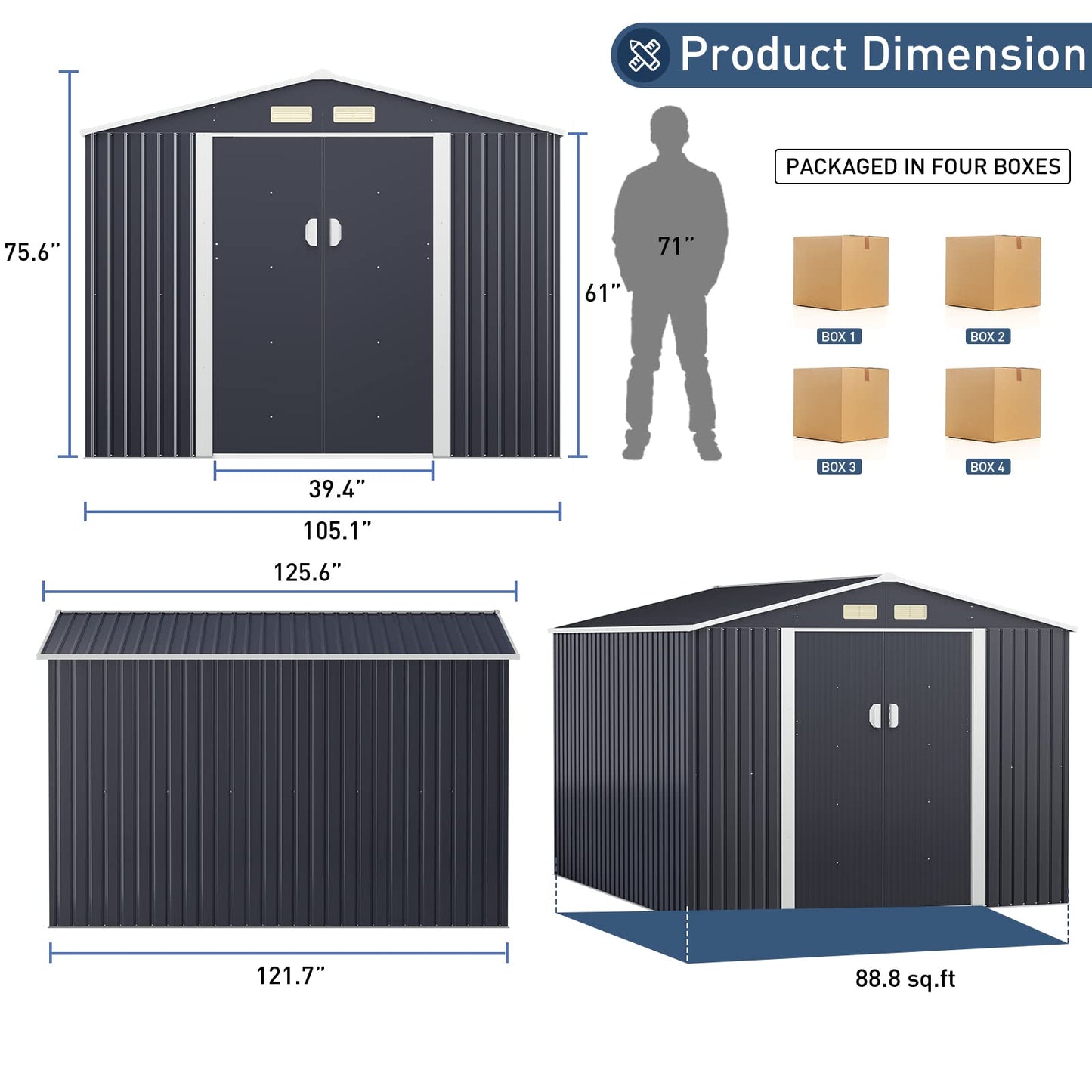 HOGYME Abri de rangement extérieur de 10,5' x 9,1', grands abris et espace de rangement extérieur adapté à l'échelle de tondeuse à gazon, abri de jardin en métal avec porte verrouillable/coulissante, gris 9,1x10,5
