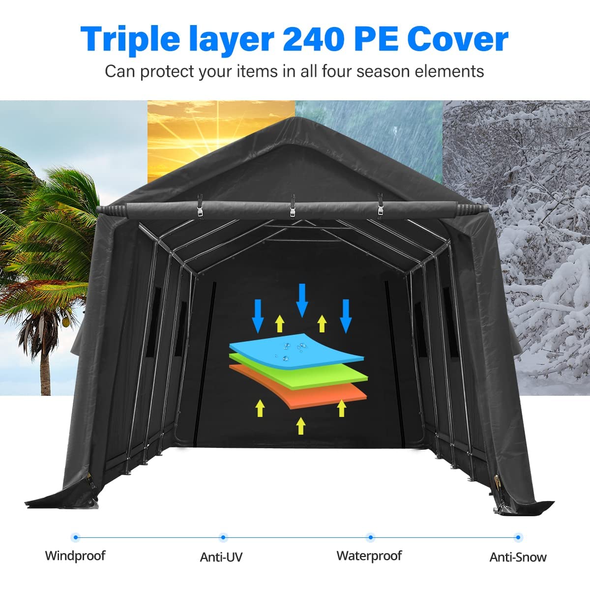 ADVANCE OUTDOOR Tente de garage de 4,3 x 6,1 m avec 2 portes enroulables et aérations, abri de rangement extérieur portable pour véhicule, camion, bateau, anti-UV, résistant à la neige, imperméable, gris (8809DGY) 13' x 20' gris foncé