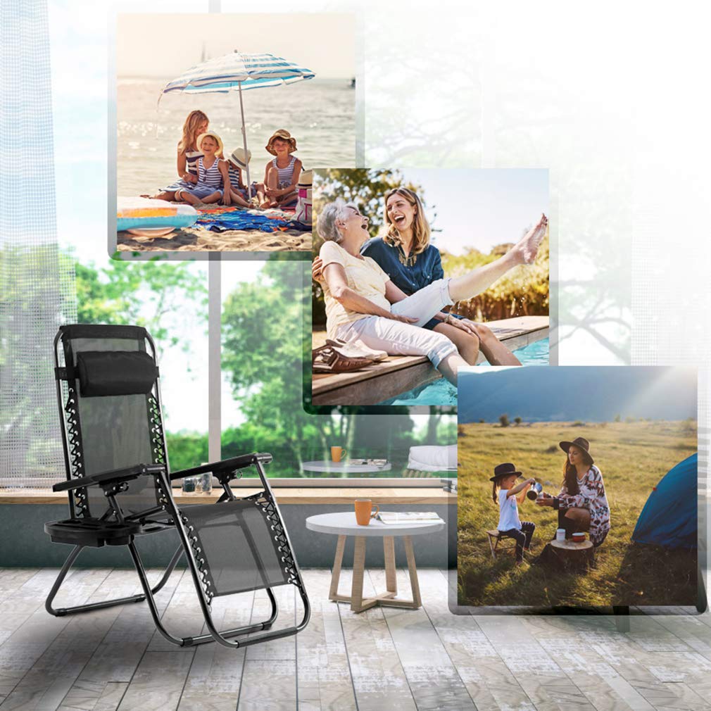Zero Gravity Chairs Patio Chairs Lawn Lounge Chair Patio Set of 2 with Pillow and Cup Holder Patio Furniture Outdoor Adjustable Dining Reclining Folding Chairs for Deck Patio Beach Yard Black