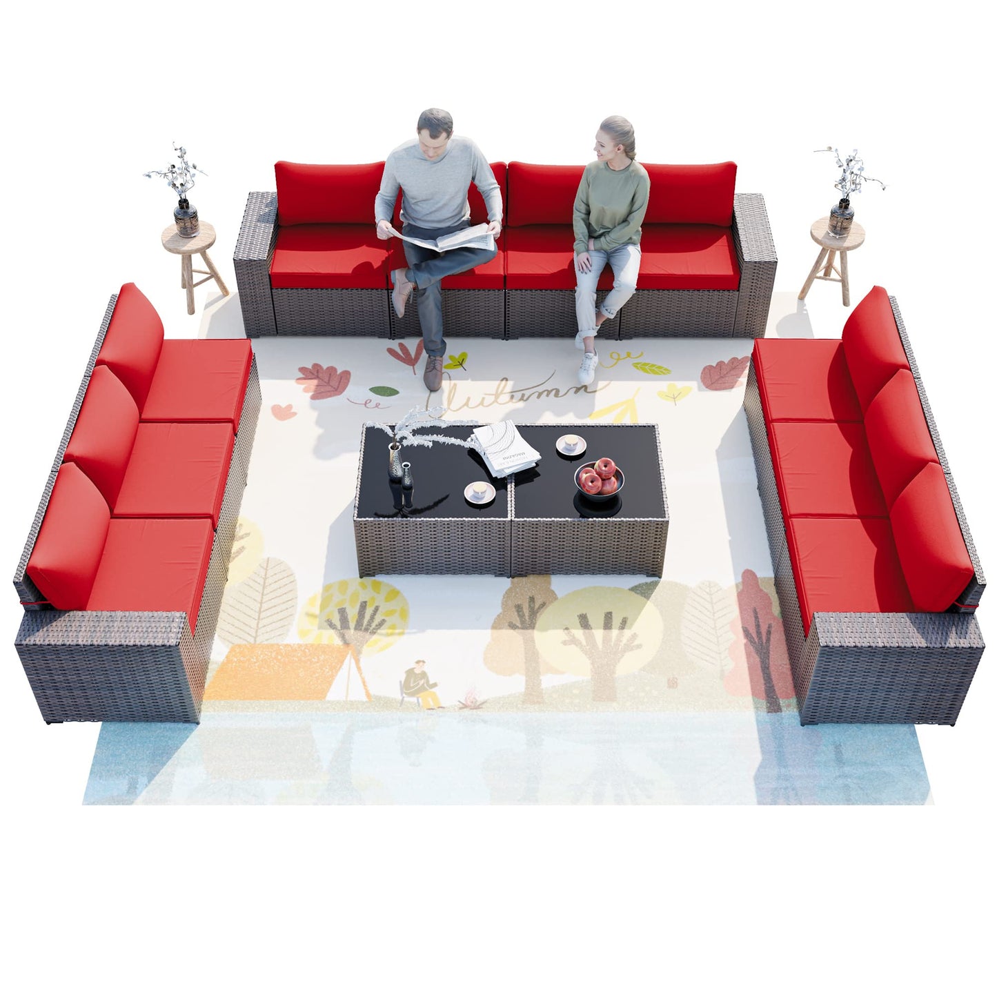 ALAULM 12 Pieces Outdoor Patio Furniture Set Sectional Sofa Sets - Red