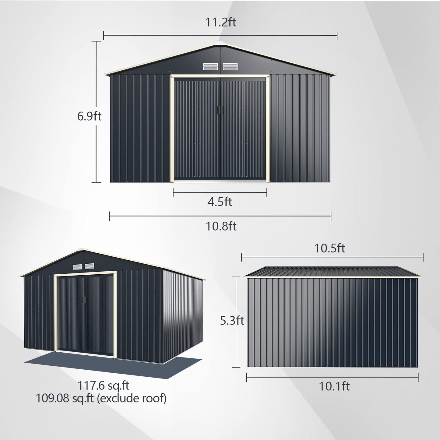 Goplus Abri de rangement extérieur, 11' X 10', abri de jardin en métal avec 4 aérations et double porte coulissante, abri à outils utilitaire, maison de rangement pour jardin, patio, pelouse 11' X 10'