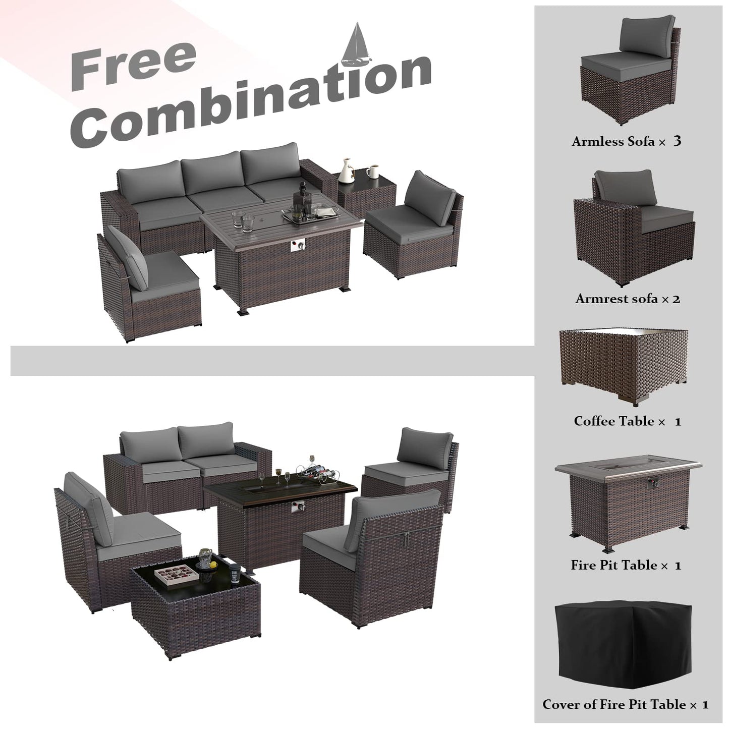 ALAULM 7 Pieces Patio Furniture Sectional Sofa with Fire Pit Table, Outdoor Patio Furniture Sets 43" Propane - Grey