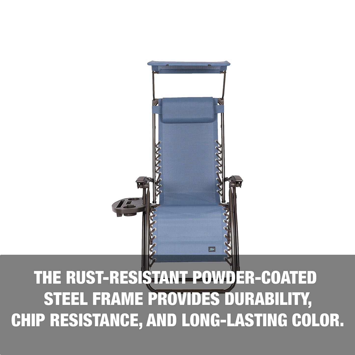 Bliss Hammocks GFC-436DB Gravity Free Chair w/ Canopy, Pillow, & Drink Tray, 26-in. Wide, Weather & Rust Resistant, 300 Lb. Capacity Single Pack 26-Inch Denim Blue
