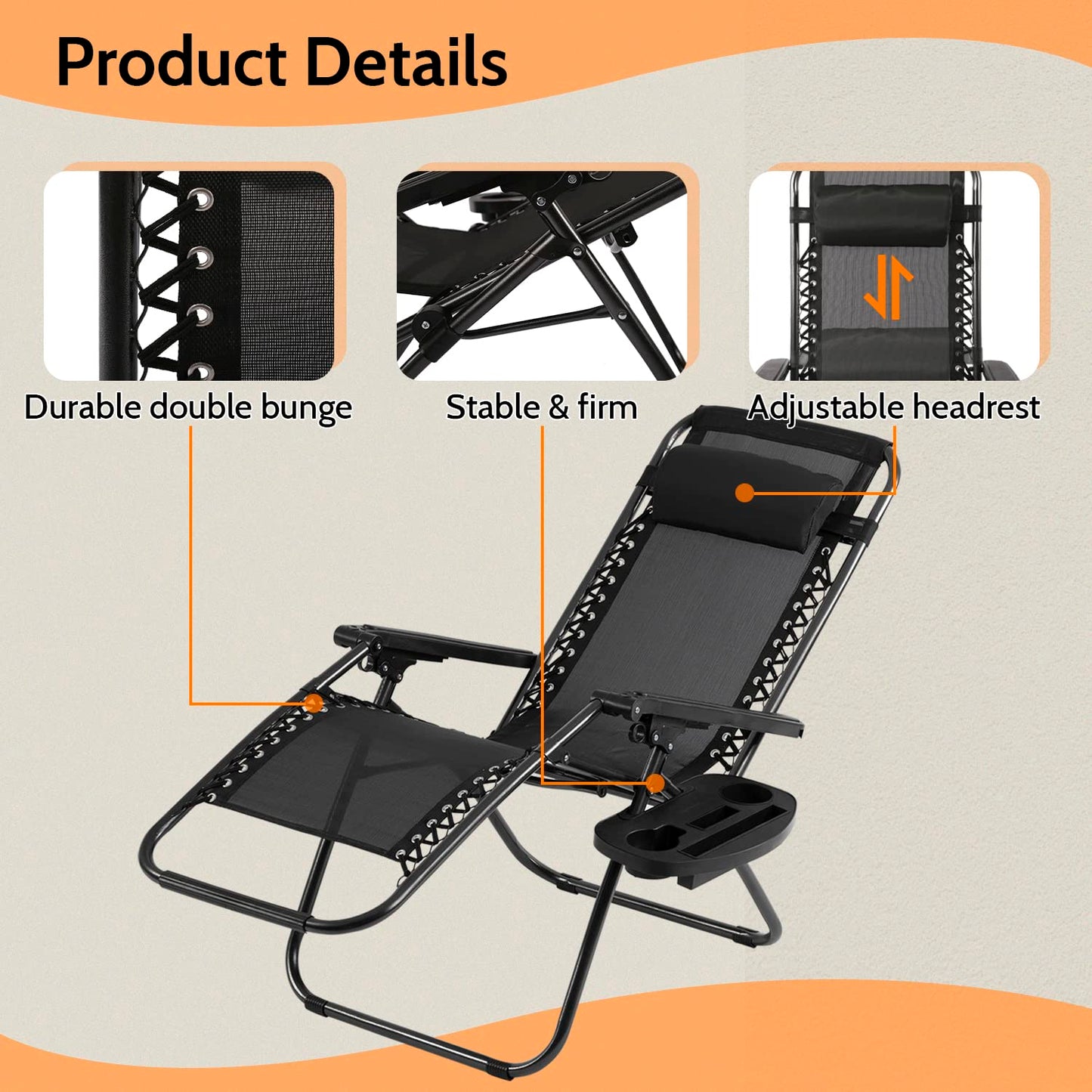 FDW Patio Chair Outdoor Furniture Zero Gravity Chair Patio Lounge Camping Chair Set of 2 Recliner Adjustable Folding for Pool Side Camping Yard Beach Black