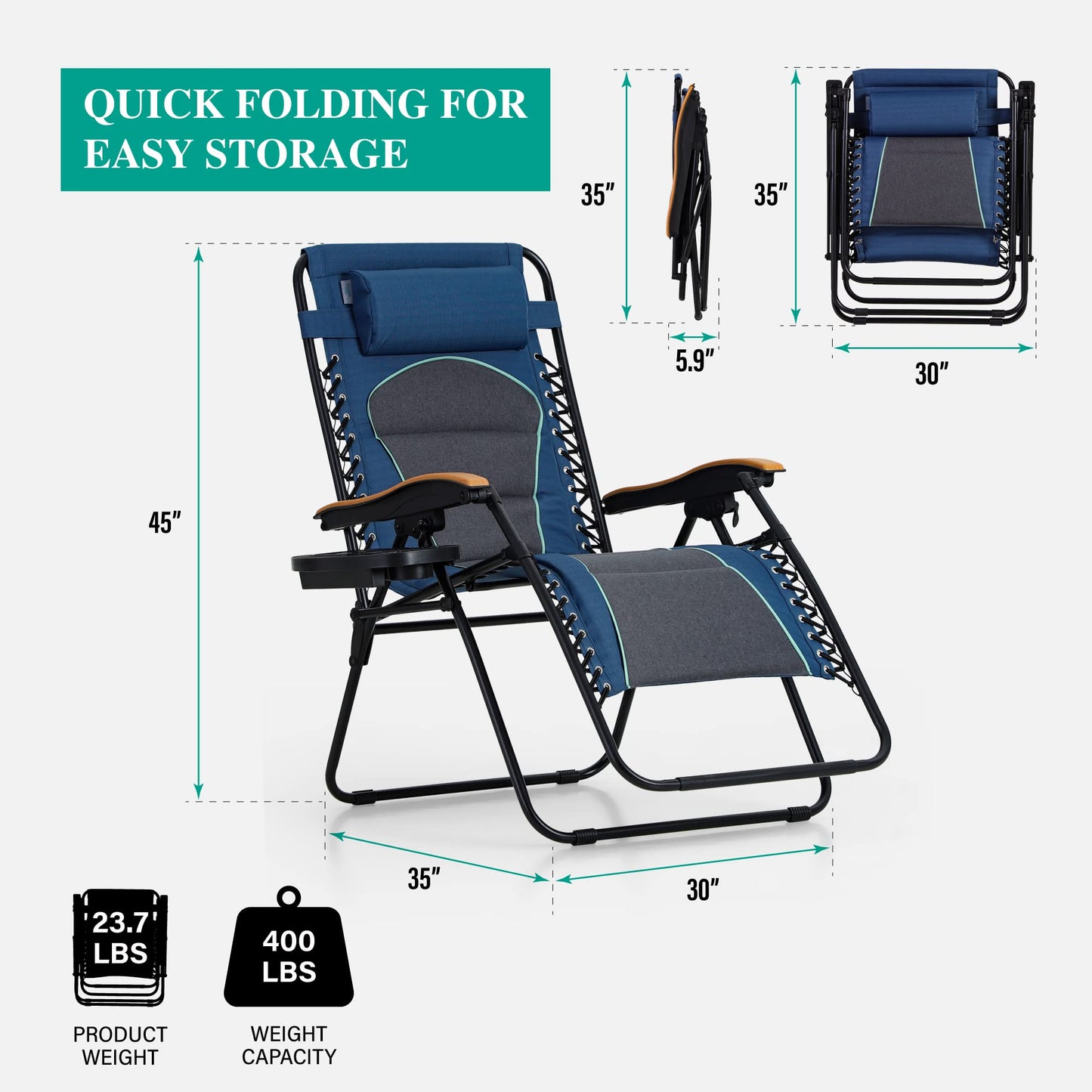 PHI VILLA Oversize XL Padded Zero Gravity Lounge Chair Family Lovers Pack with Wide Armrest Foldable Recliner, Set of 2, Support 400 LBS (Cyan) Blue Grey-oversized 2-Pack