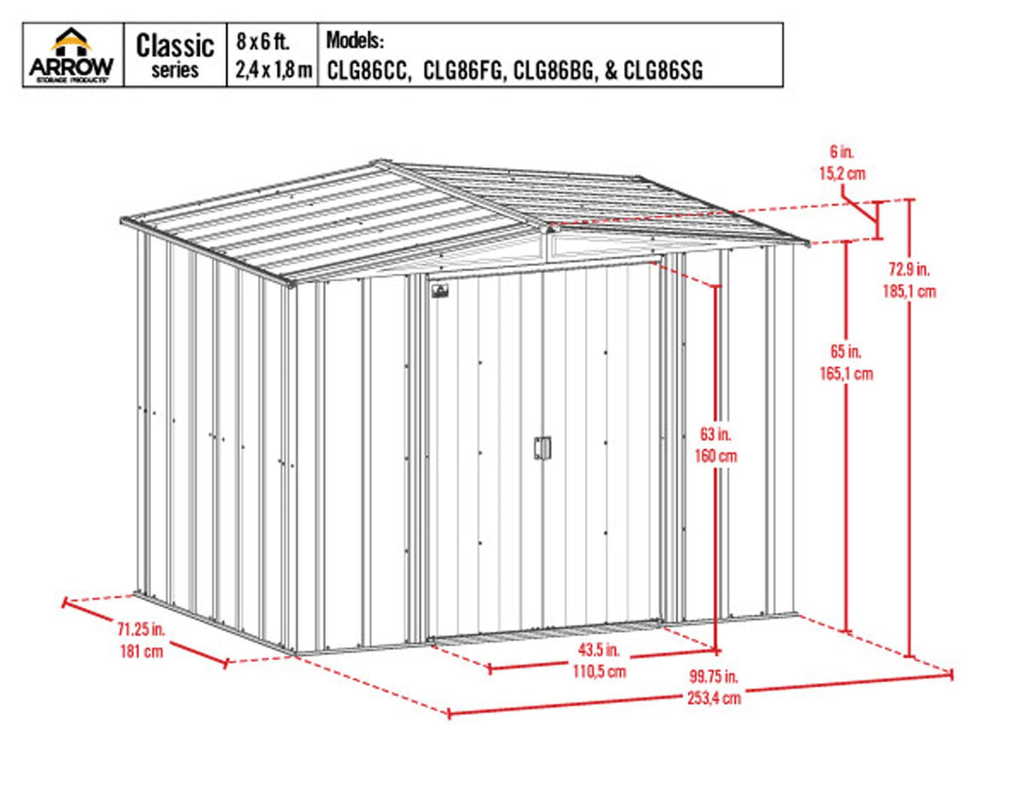 Arrow Shed Classic Hangar de rangement extérieur cadenassable en acier, 8' x 6', charbon de bois