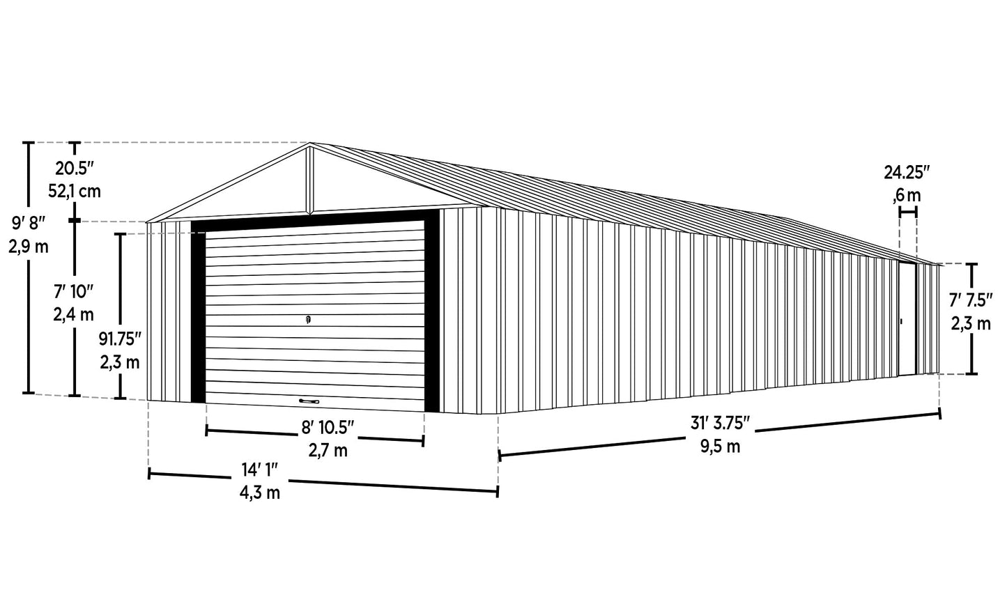 Arrow Shed 14' x 31' Garage Murryhill Murs extra hauts en acier galvanisé Hangar préfabriqué Bâtiment de stockage, 14' x 31', Gris flûte 14' x 31'