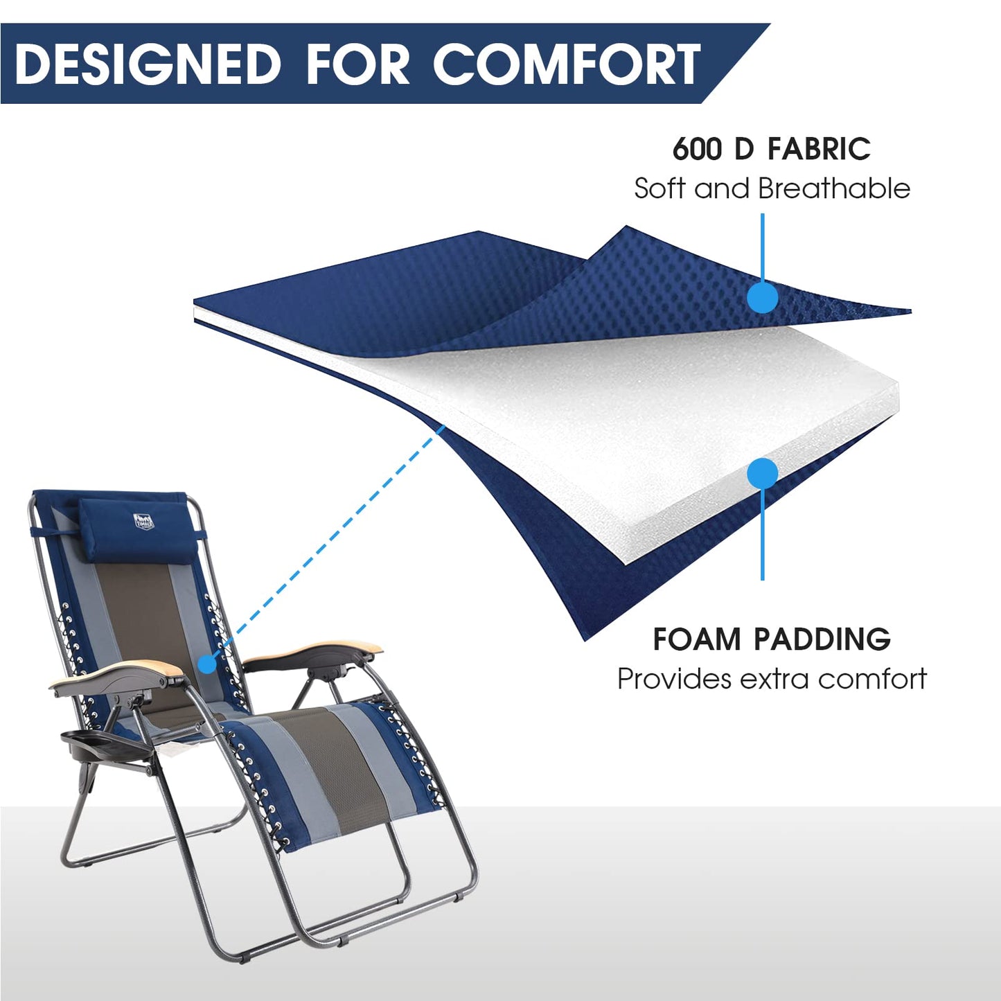 TIMBER RIDGE Oversized Zero Gravity Padded with Adjustable Headrest and Cup Holder Outdoor Reclining Chairs XXL for Lawn, Camping, Patio, Support up to 350 LBS, Blue