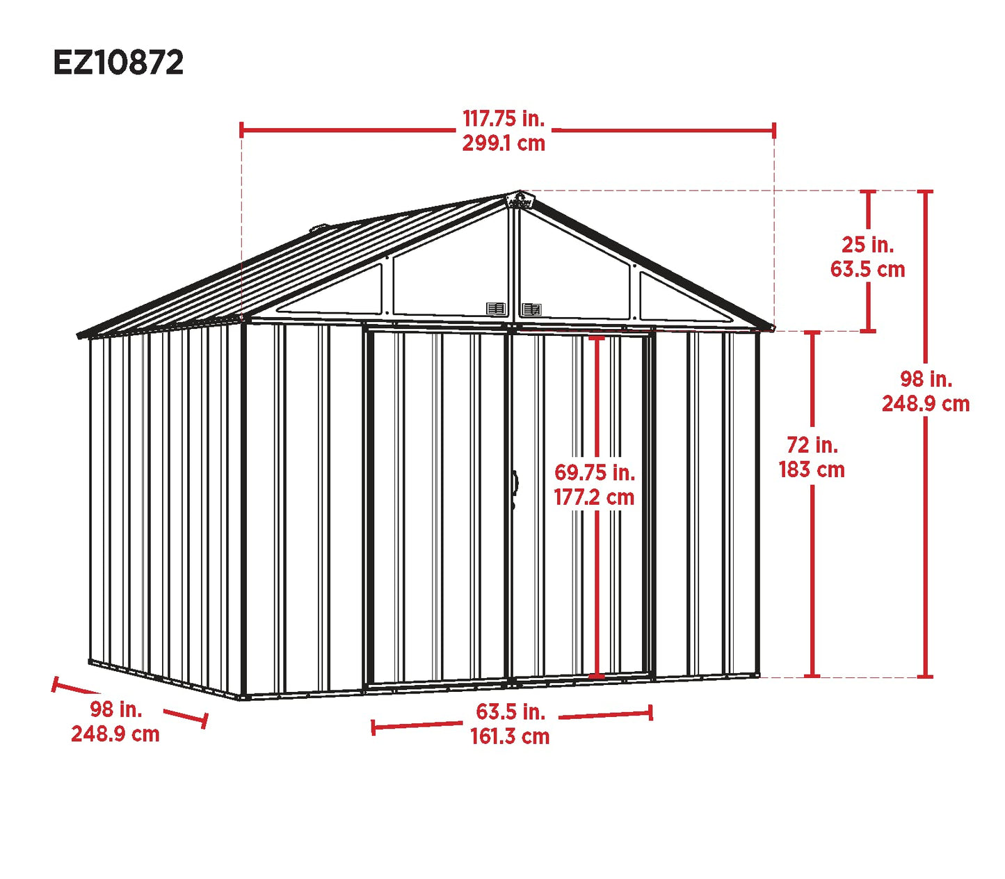 Arrow Hangar de rangement en acier à pignon très haut, 10 pi x 8 pi, EZEE Shed, charbon de bois