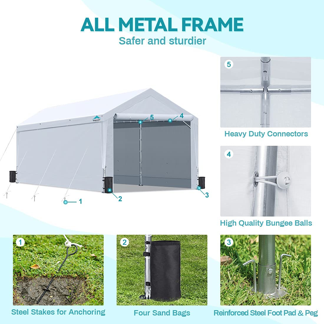ADVANCE OUTDOOR 12x20 ft Heavy Duty Carport with Sidewalls and Doors, Adjustable Height from 9.5 to 11 ft, Car Canopy Garage Party Tent Boat Shelter 8 Reinforced Poles 4 Sandbags, White (017W-2) With Sidewall