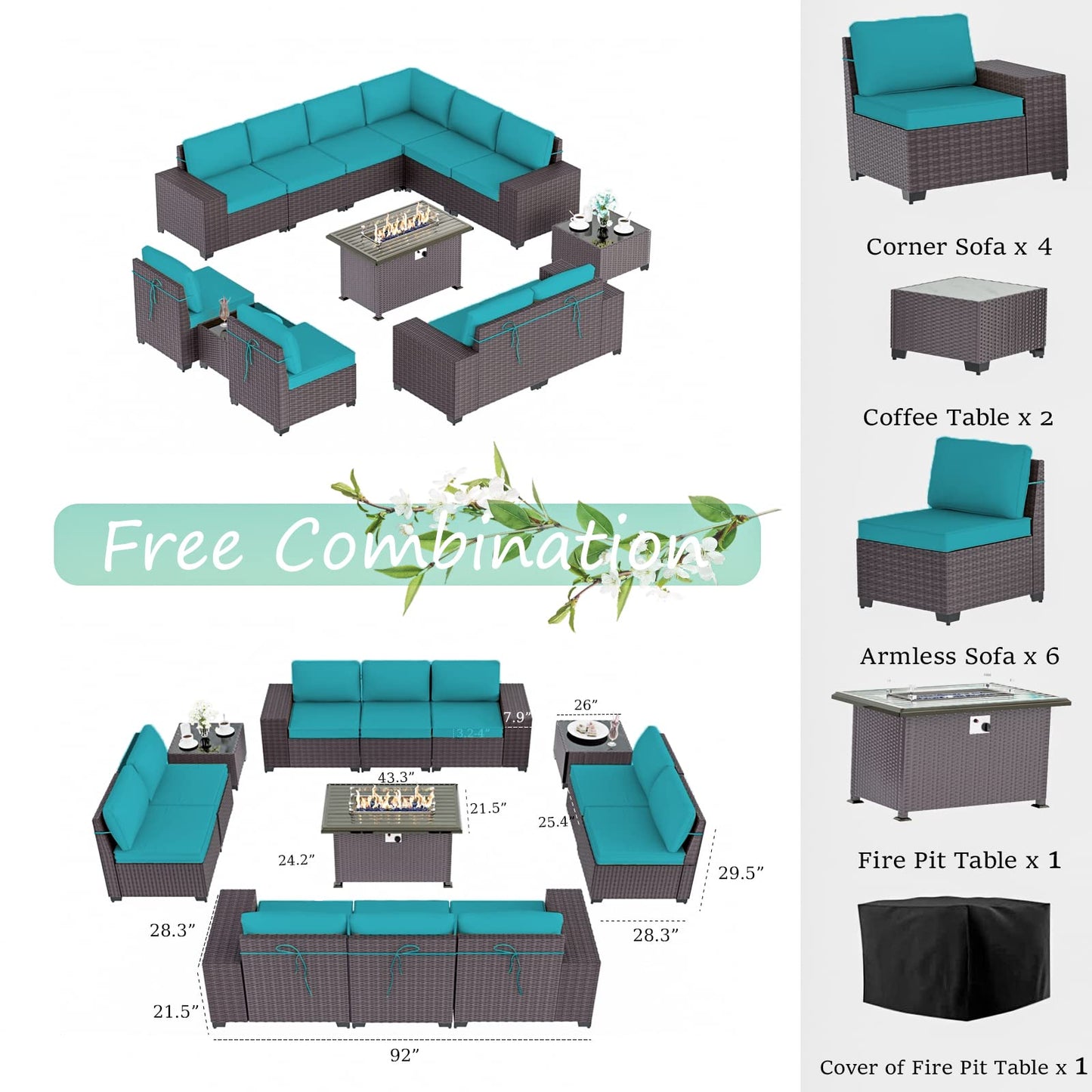 ALAULM 13 Pieces Outdoor Patio Furniture Set with Propane Fire Pit Table Outdoor Sectional Sofa Sets