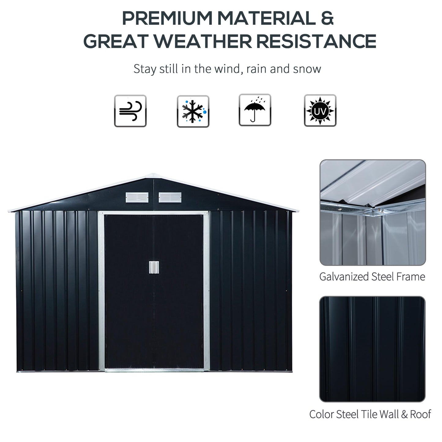 Outsunny 9' x 6' Metal Storage Shed, Garden Tool House with Floor Foundation, Double Sliding Doors, 4 Air Vents for Backyard, Patio, Lawn, Dark Grey 9' x 6'