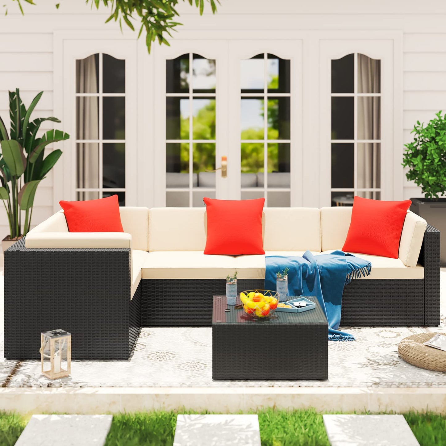 Greesum Patio Furniture Sets 6 Piece Outdoor Wicker Rattan Sectional Sofa with Cushions, Pillows & Glass Table, Beige 6 Pieces