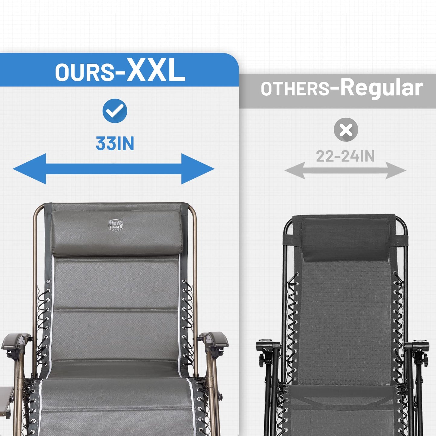 TIMBER RIDGE XXL Oversized Zero Gravity Chair, Full Padded Patio Lounger with Side Table, 33”Wide Reclining Lawn Chair, Support 500lbs(Gray) Grey-new