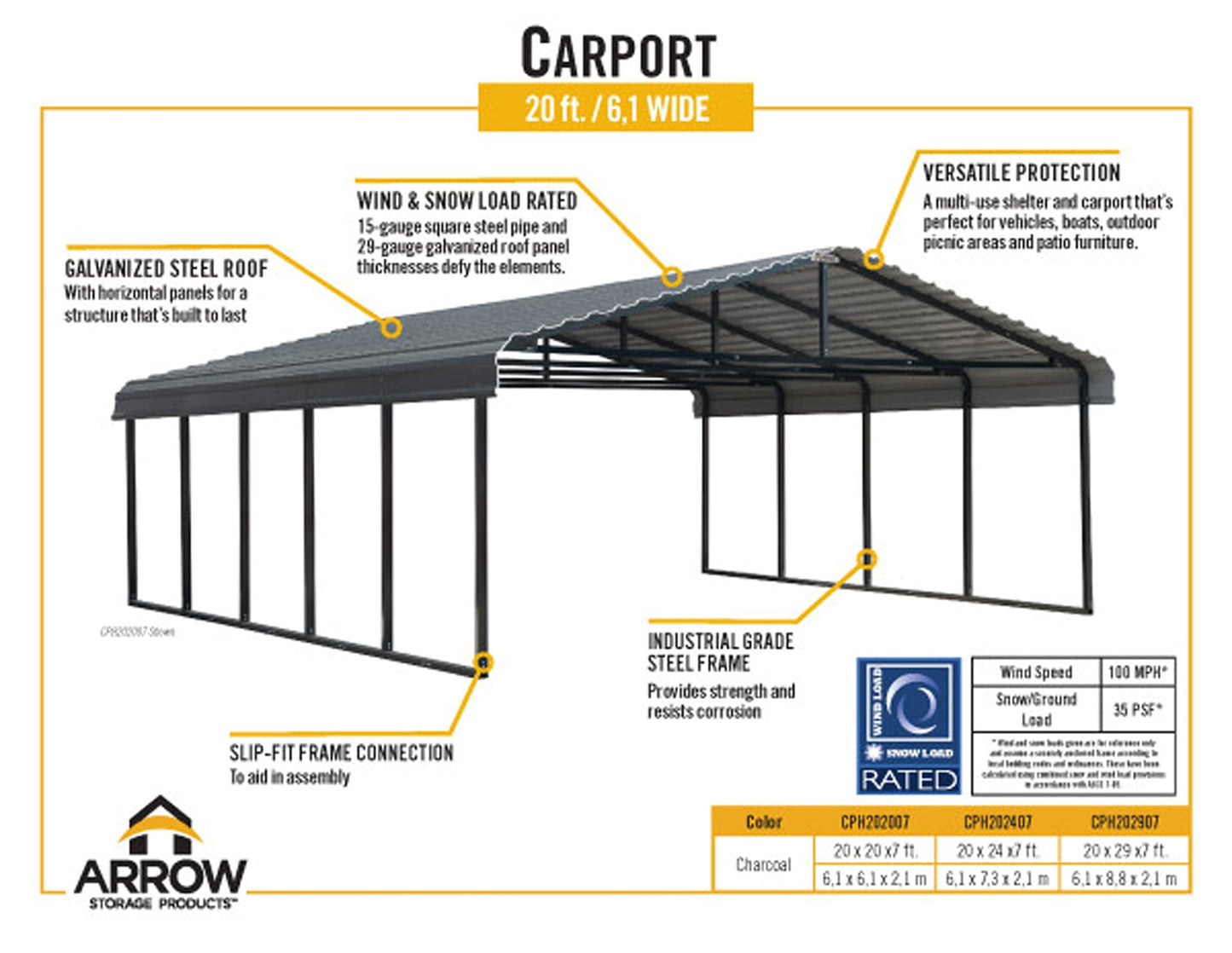 Arrow Carport, 20 ft. x 20 ft. x 7 ft. Charcoal 20' x 20' x 7'