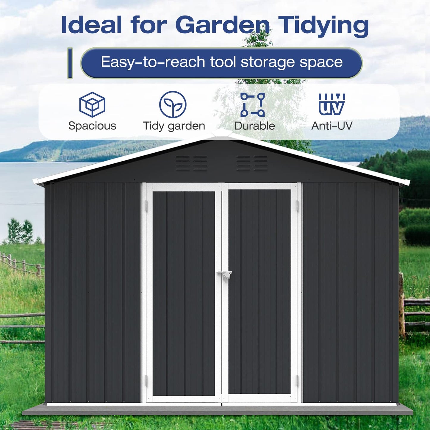 Lyromix Abri de rangement extérieur en métal de 2,4 x 1,8 m avec porte et serrure, abri de rangement de jardin étanche avec cadre de base pour terrasse de jardin, noir 2,4 x 1,8 m