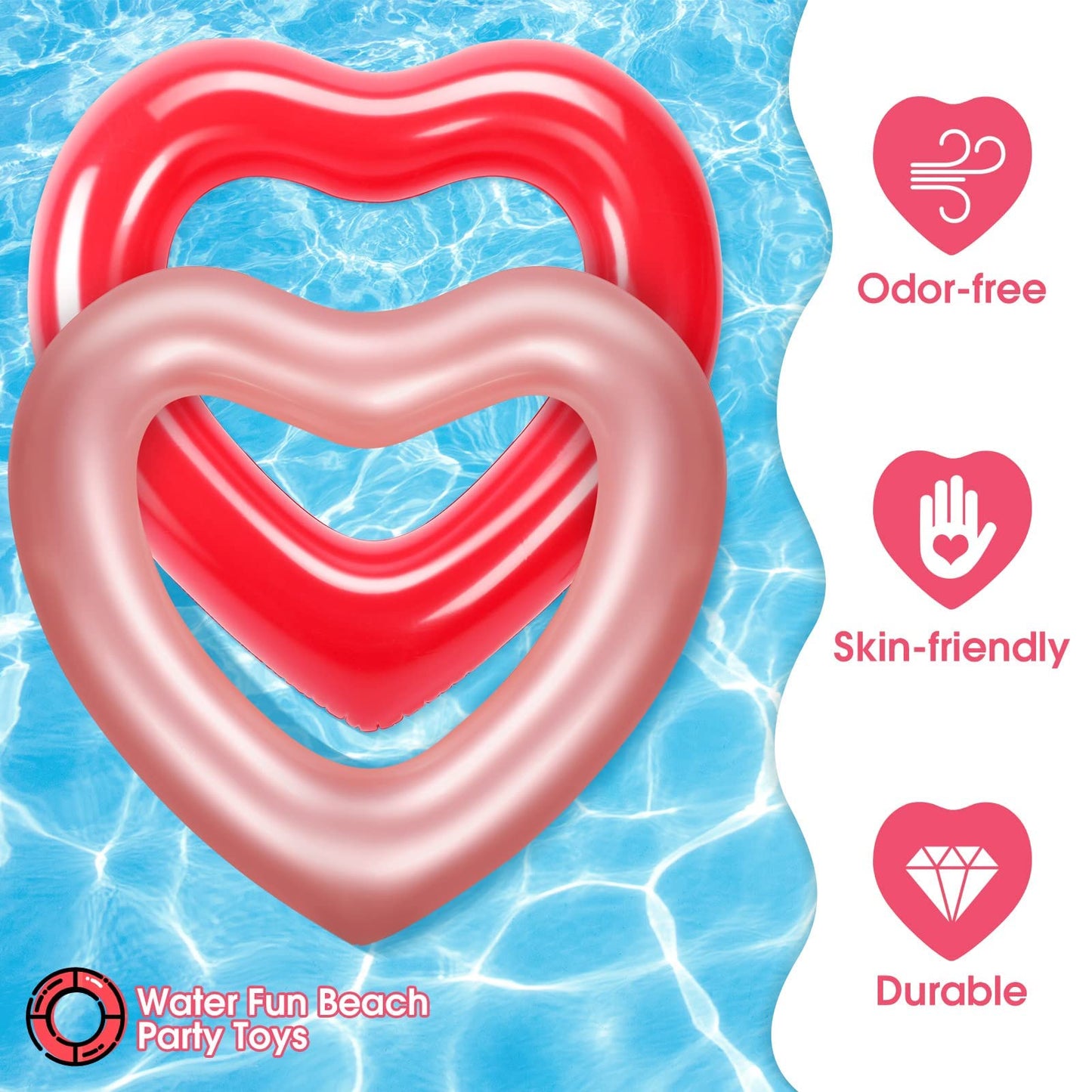 2 Pieces Heart Pool Float, 47.3 x 39.4 Inch Inflatable Swim Rings Bachelorette Party Pool Float Tube, Heart Shaped Summer Swimming Ring, Water Fun Beach Party for Adults (Rose Gold, Bright Red)