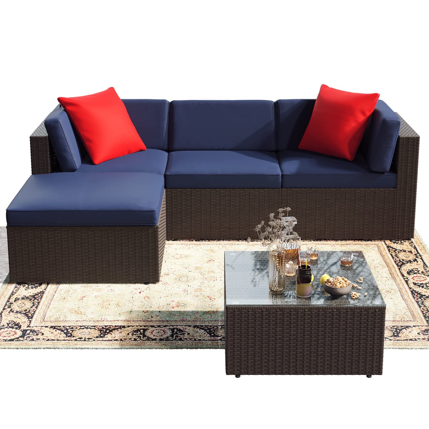 Greesum Patio Furniture Sets 5 Piece Outdoor Wicker Rattan Sectional Sofa with Cushions, Pillows & Glass Table, Dark Blue 5 Pieces