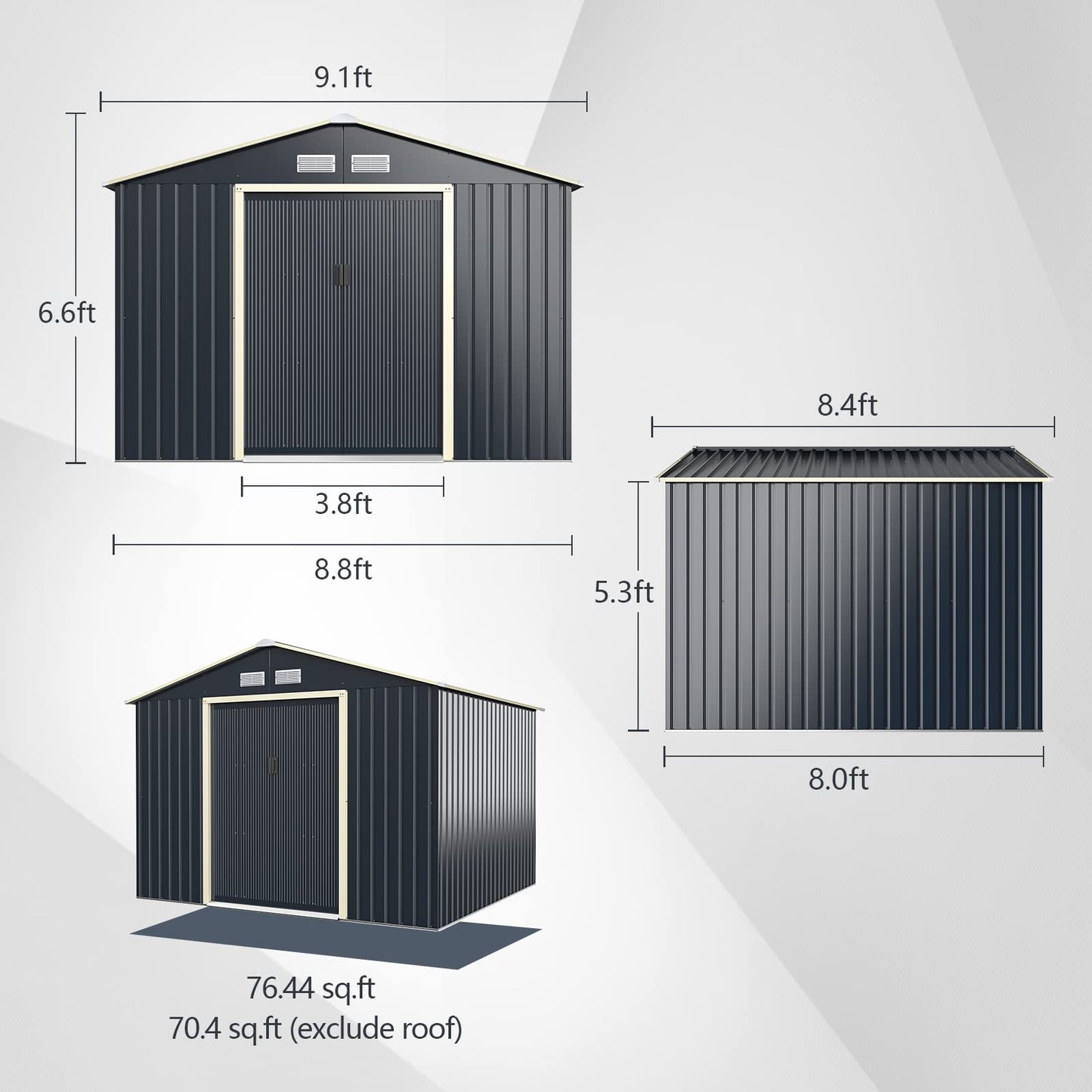 Goplus Outdoor Storage Shed, 9' X 8' Metal Garden Shed with 4 Vents & Double Sliding Door, Utility Tool Shed Storage House for Backyard, Patio, Lawn 9'X8'
