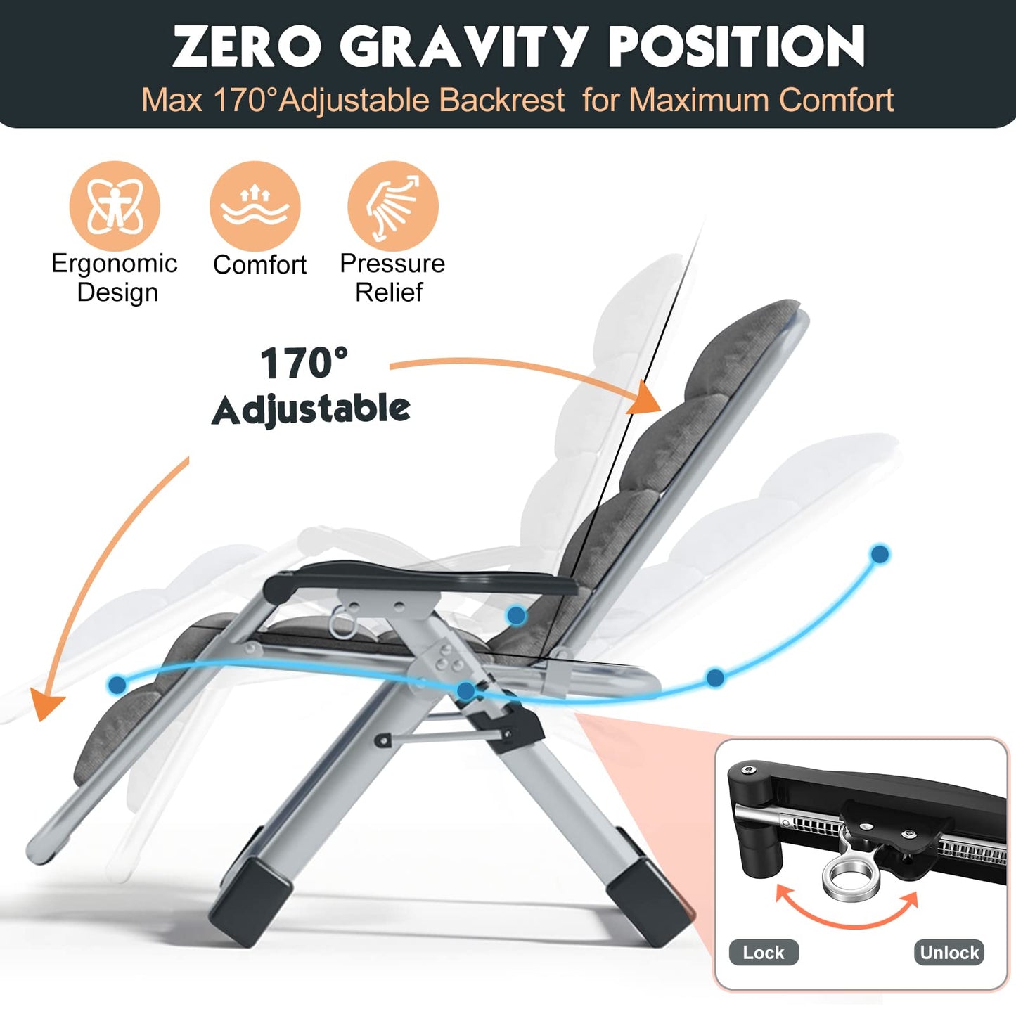 MOPHOTO Zero Gravity Chair, Outdoor Padded Lounge Chair with Side Table, Zero Gravity Recliner Chair, Outdoor Reclining Chair, Sturdy & Comfortable, Supports up to 440lbs Grizzle Gray