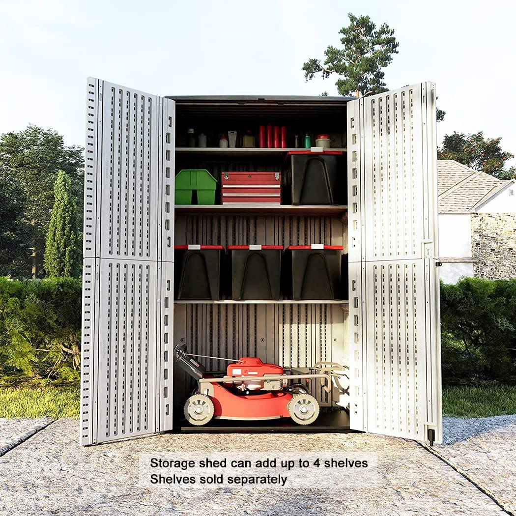 Kinying Armoire de rangement extérieure, hangar de rangement vertical parfait pour ranger les meubles de patio, les accessoires d'outils de jardin, les vélos, les chaises de plage et la tondeuse à gazon, 4 x 2,5 pieds blanc cassé-02B