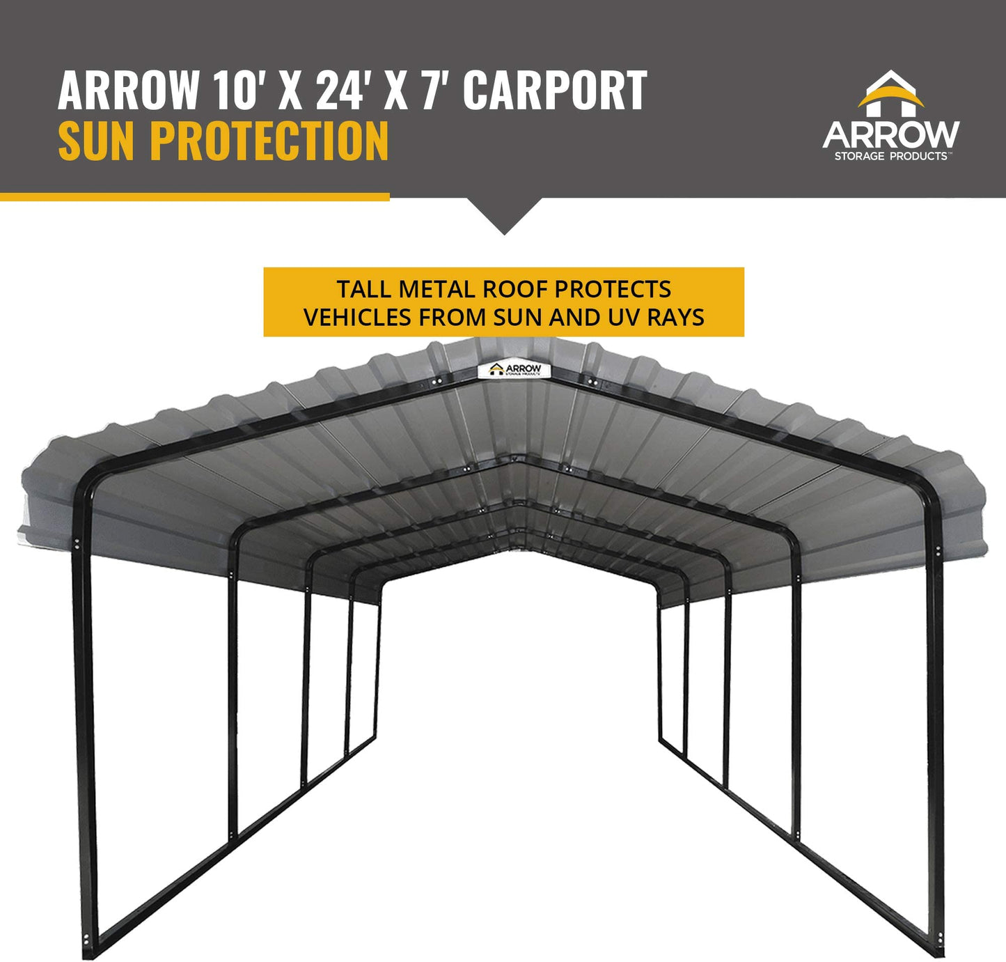 Arrow CPHC102407 Heavy Duty Galvanized Steel Metal Multi-Use Shelter, Shade, Carport, 10' x 24' x 7' Carport Only Charcoal 10' x 24' x 7'