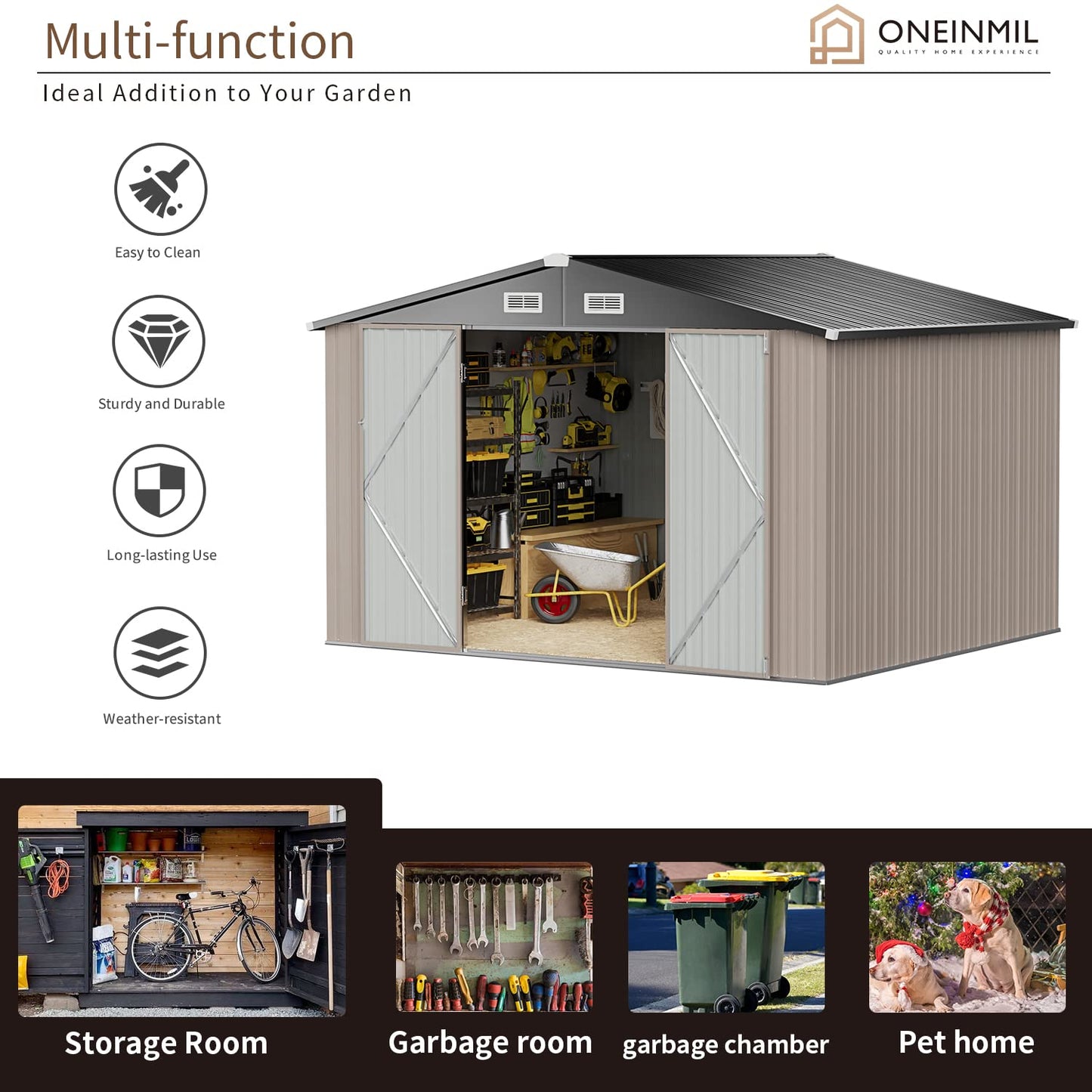 oneinmil Abri de rangement de jardin extérieur de 2,4 x 3 m, abri de jardin en métal en acier galvanisé avec grille d'aération et porte à charnière, maison de rangement pour outils utilitaires pour jardin, cour, patio, pelouse marron 2,4 x 3 m