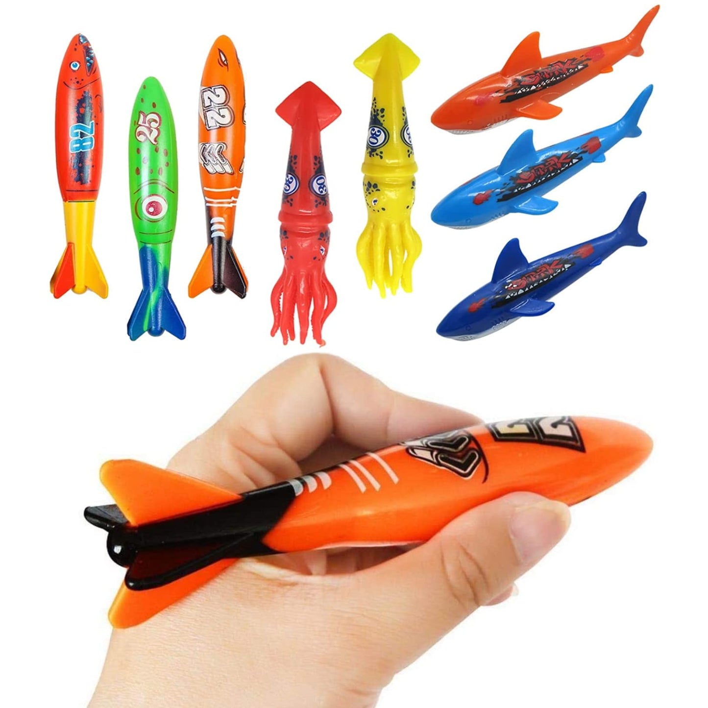 Pool Diving Toy Set for Kids, Practice Diving and Swimming, Underwater Sinking Torpedos, Sharks and Squids Multicolor Assorted