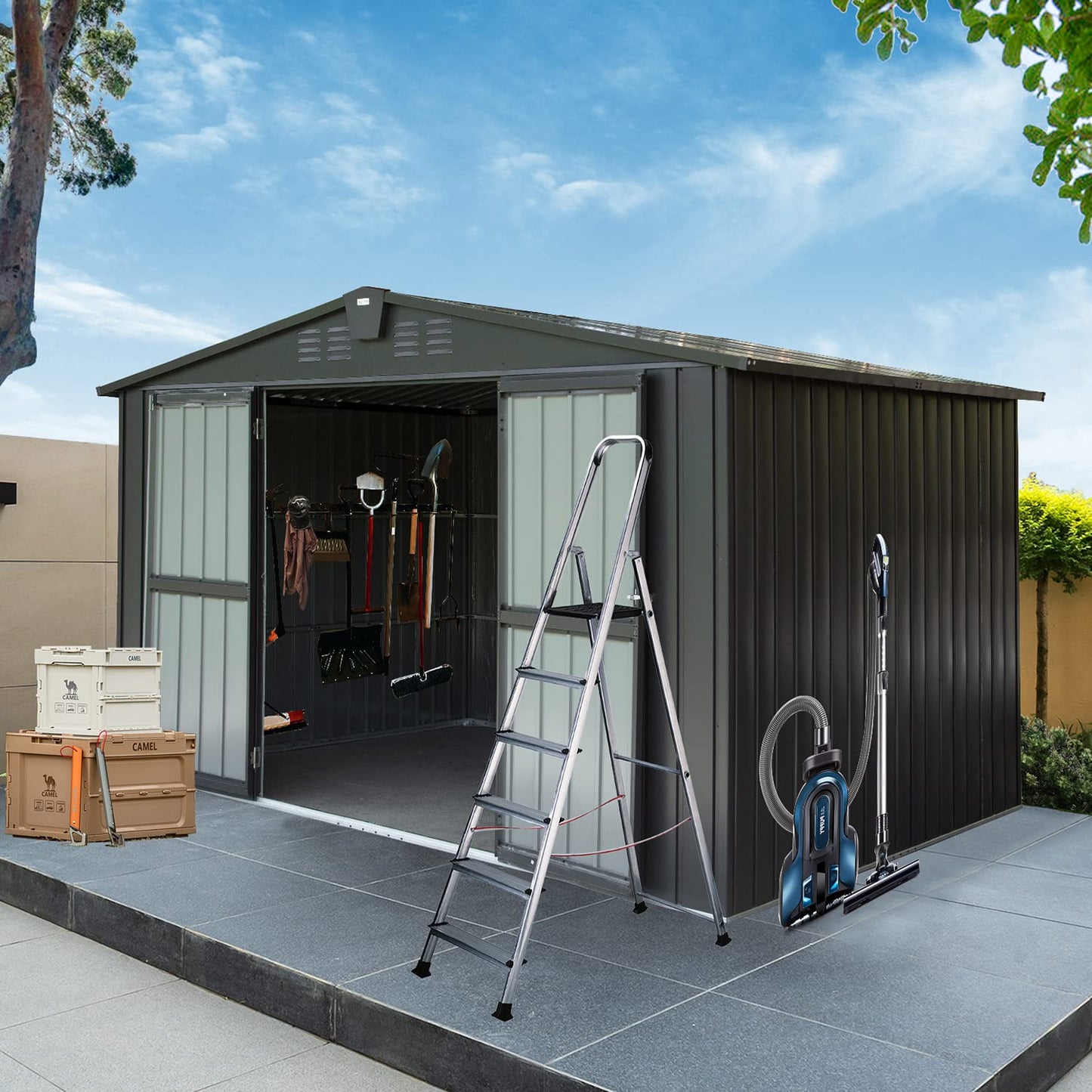 Domi Outdoor Storage Shed 10x8 FT, Metal Tool Sheds Storage House with Lockable Double Door,Large Bike Shed Waterproof for Garden,Backyard,Lawn Black 10'x8' (Gable Roof)