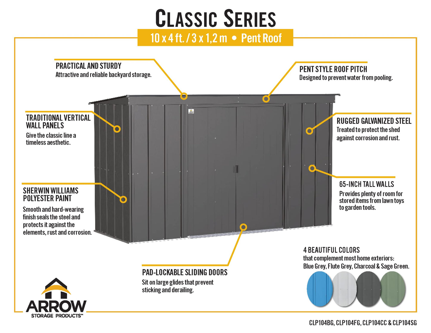 Arrow Shed Classic 10' x 4' Outdoor Padlockable Steel Storage Shed Building Blue Grey 10' x 4'