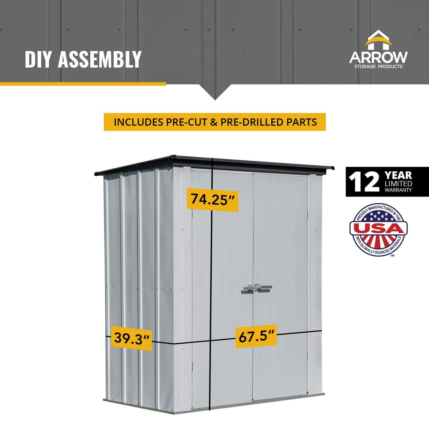 Arrow Shed Shed conçu 5' x 3' x 6' Kit compact d'extérieur en métal pour jardin, terrasse et abri de jardin, gris flûte et anthracite