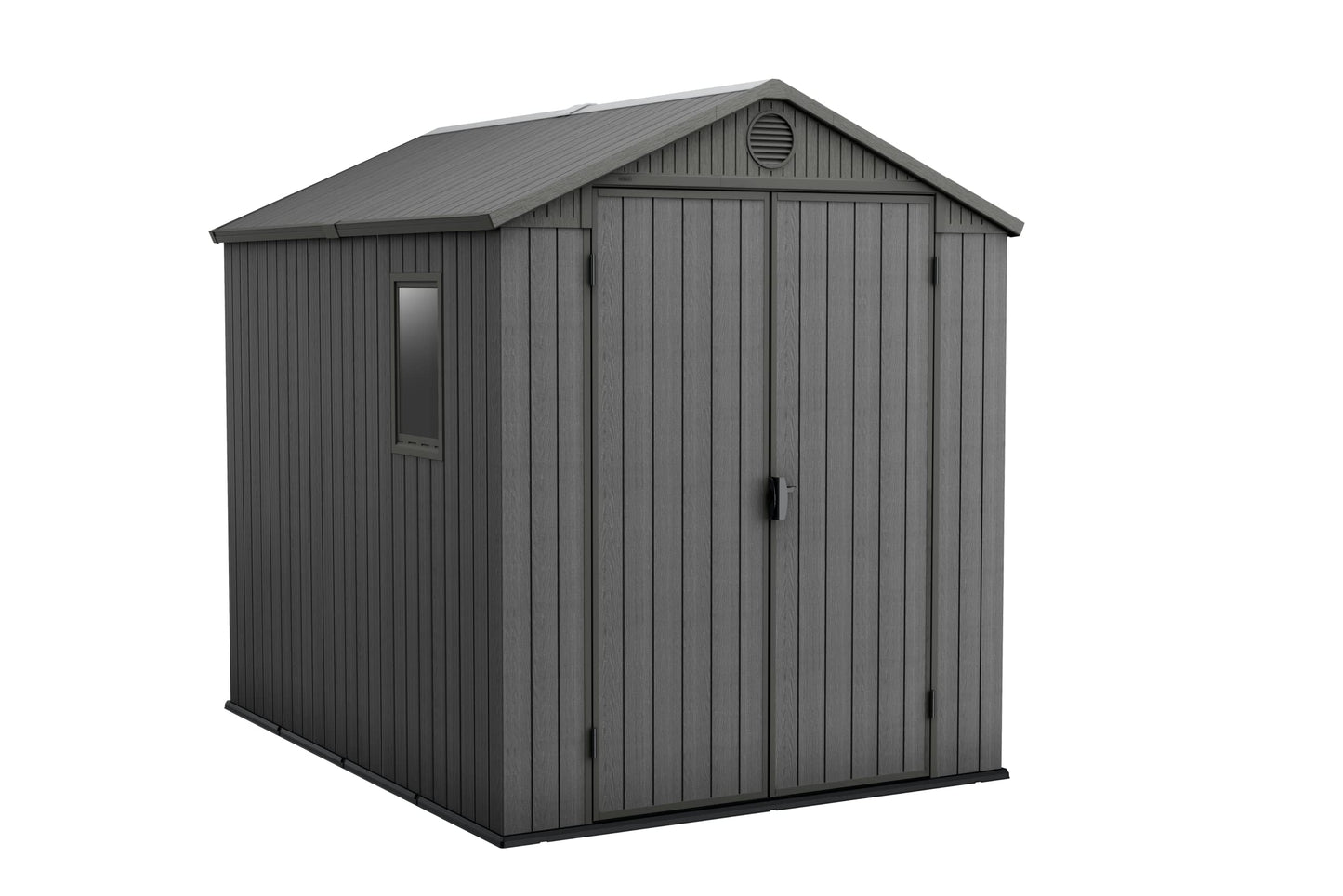 Keter Darwin Abri de rangement spacieux et robuste de 6 x 8 pieds pour organiser les accessoires de jardin et les outils d'extérieur avec doubles portes et plafond haut, gris