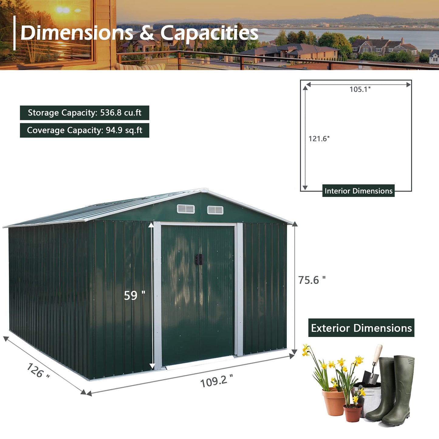 JAXSUNNNY 9 x 10 FT Large Outdoor Storage Shed w/ Floor Frame, Garden Metal Storage Shed for Outdoor Furniture, Lawnmover, Bikes, Utility Tool Organizer with Tall 76" Roof - Gain More Storage Green