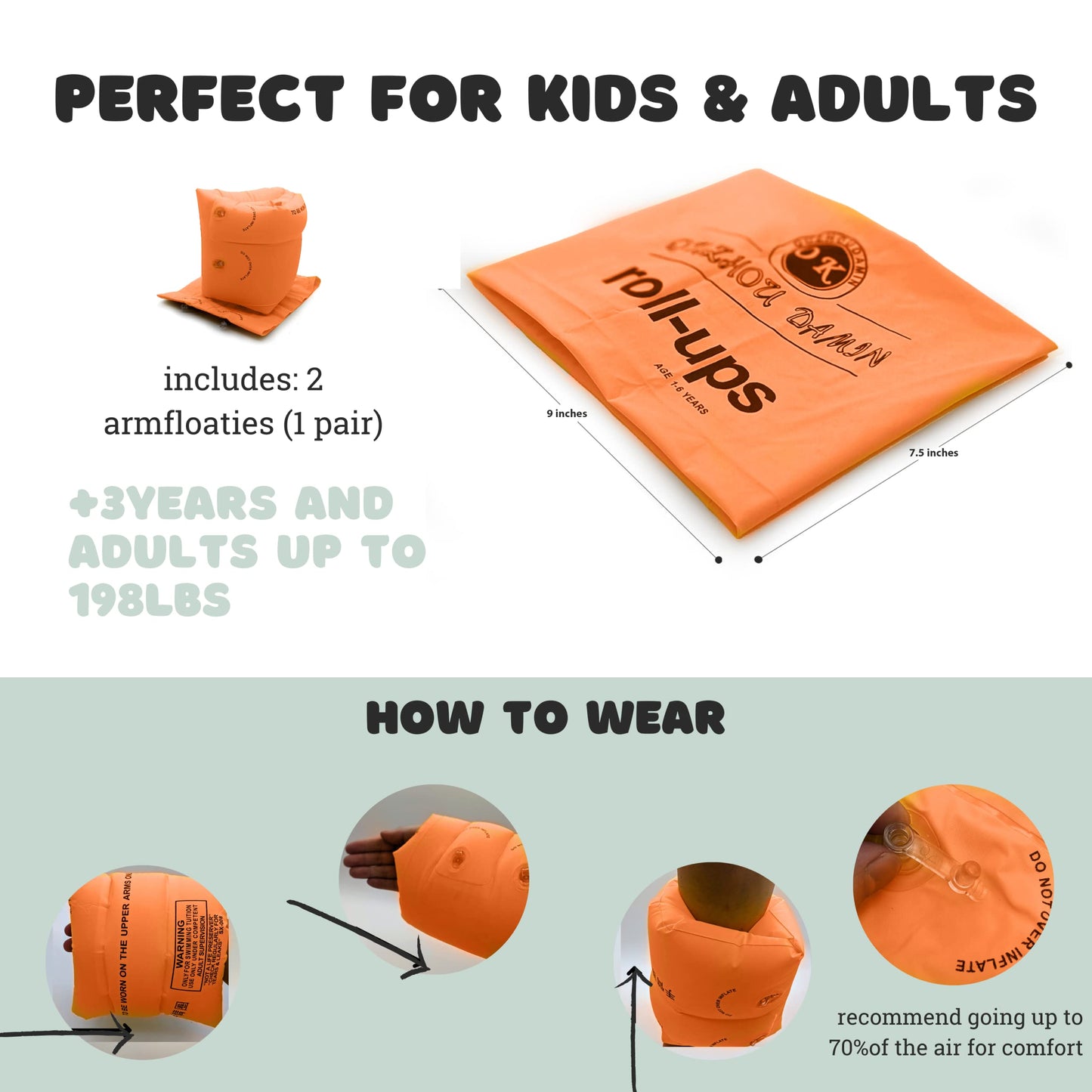 Arm Swim Floaties for Kids 5-7 - Inflatable Kids Arm Floaties for Pool - Wing Arm Band Swimmies - Perfect for Learning How to Swim for Kid and Adult (Yellow) Orange