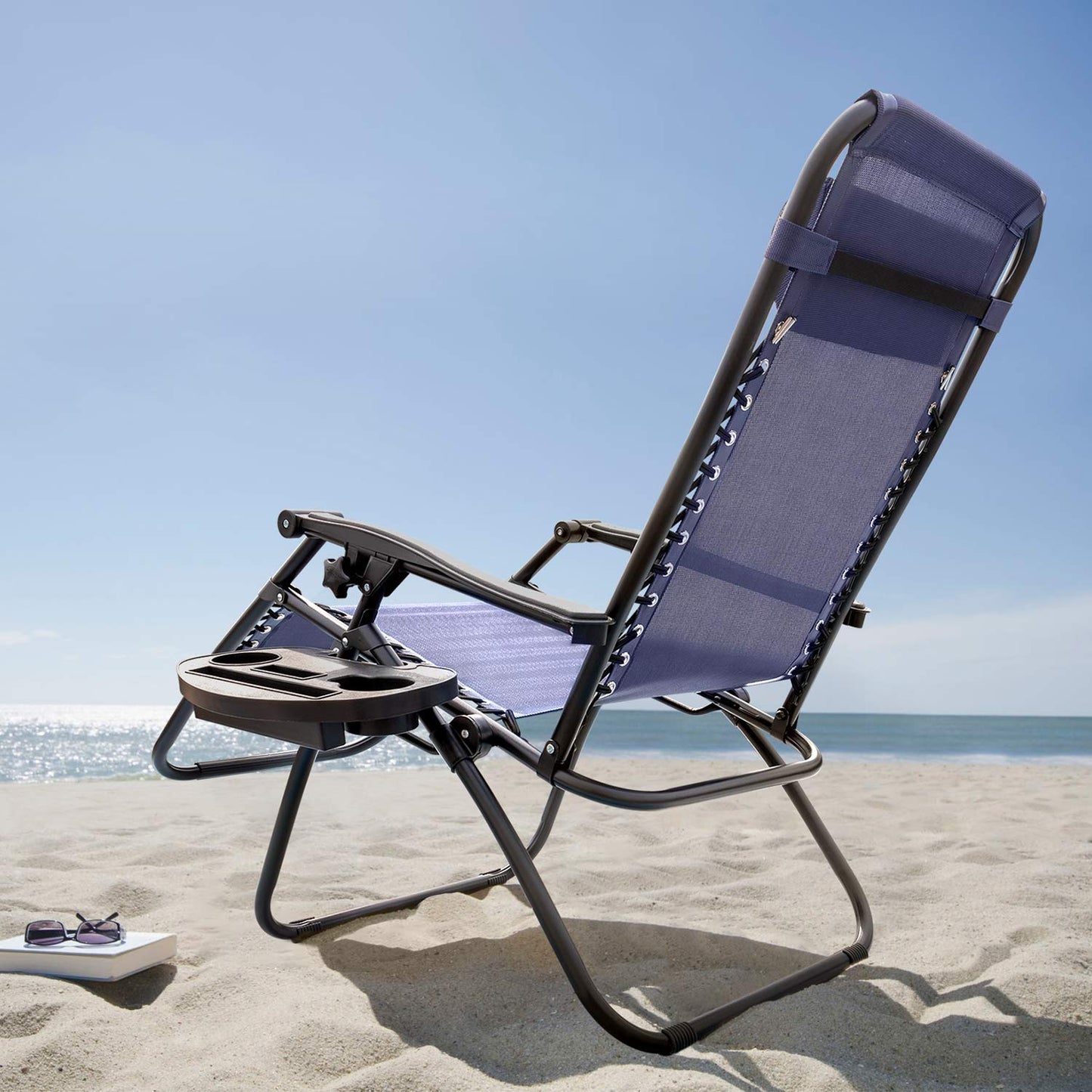 GUNJI Zero Gravity Chair Outdoor Lawn Folding Lounge Chairs Adjustable Reclining Patio Chairs Set of 2 with Cup Holder Lounge Gravity Chairs for Poolside, Backyard, Beach and Camping (Blue) Blue