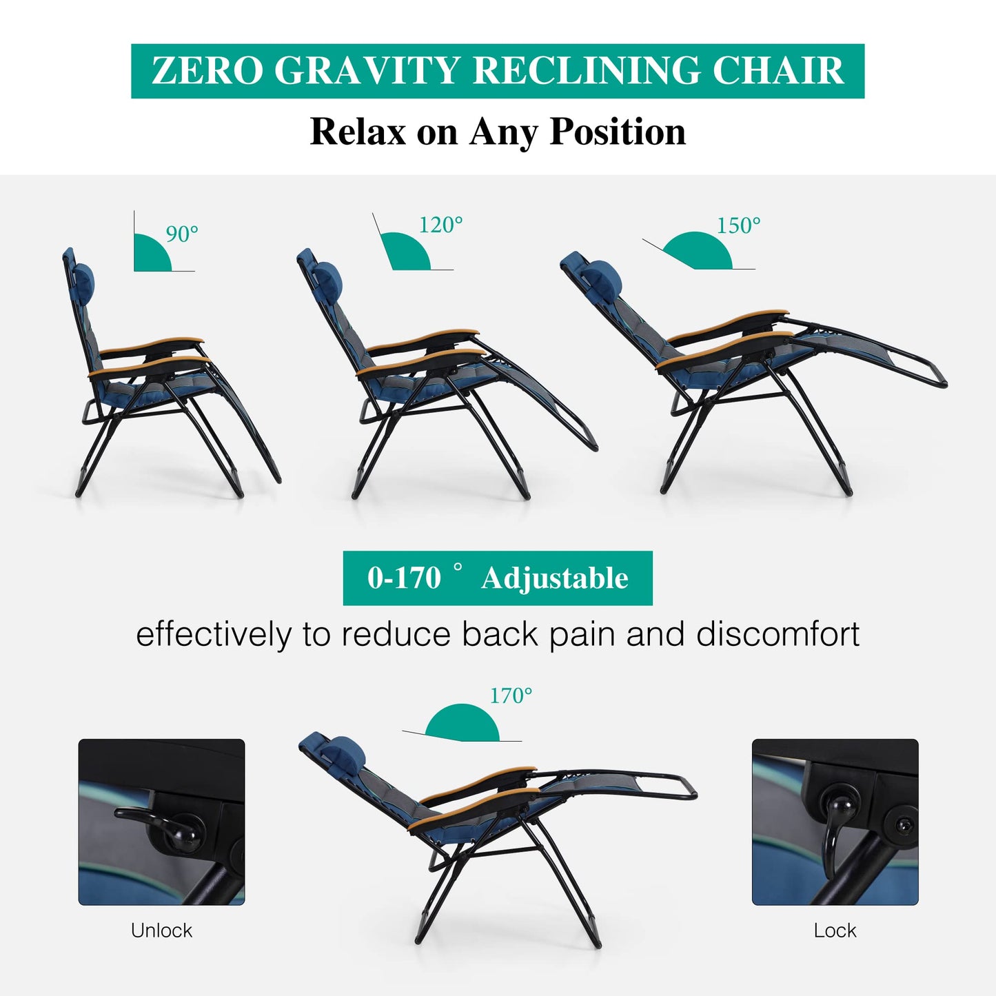 PHI VILLA Oversize XL Padded Zero Gravity Lounge Chair Family Lovers Pack with Wide Armrest Foldable Recliner, Set of 2, Support 400 LBS (Cyan) Blue Grey-oversized 2-Pack