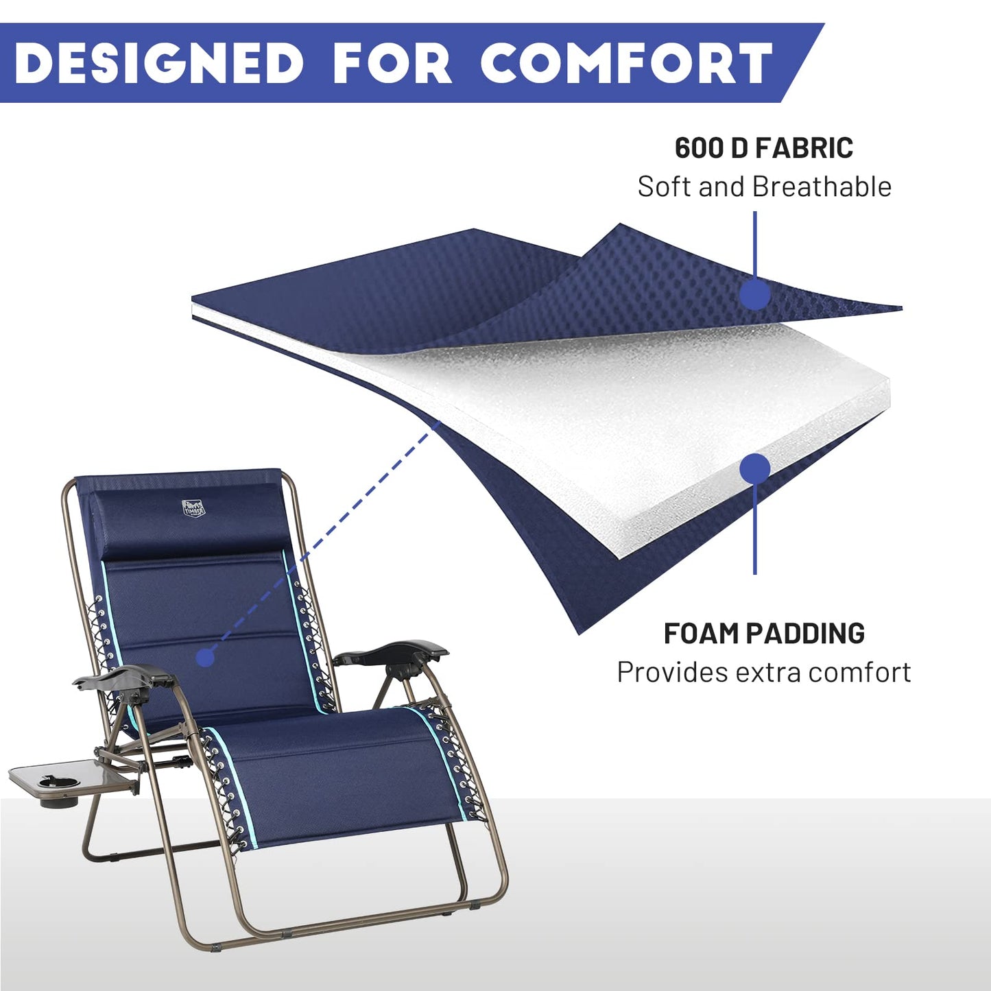 TIMBER RIDGE XXL Oversized Zero Gravity Chair, Full Padded Patio Lounger with Side Table, 33”Wide Reclining Lawn Chair, Support 500lbs(Blue) Blue