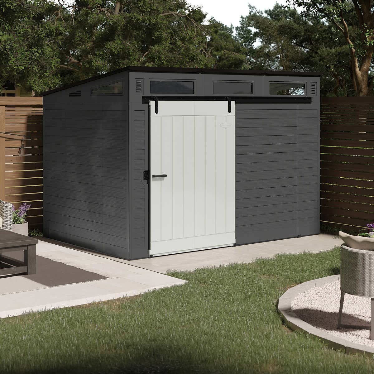 Suncast Modernist 10' x 7' Outdoor Storage Shed with Pad-Lockable Sliding Barn Door, All-Weather Shed for Outdoor Storage Items, Peppercorn