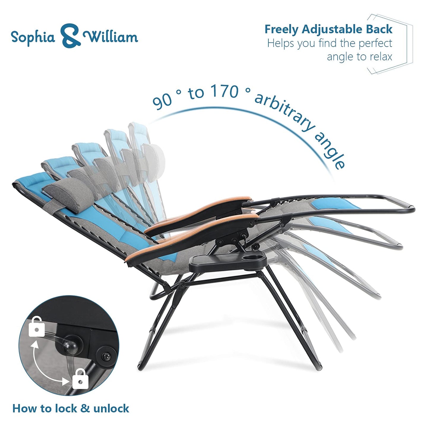 Sophia & William Oversize Zero Gravity Chair 2 Pack, Padded Lounge Chair with Free Cup Holder, Supports 350 LBS (Cobalt Blue) Cobalt Blue