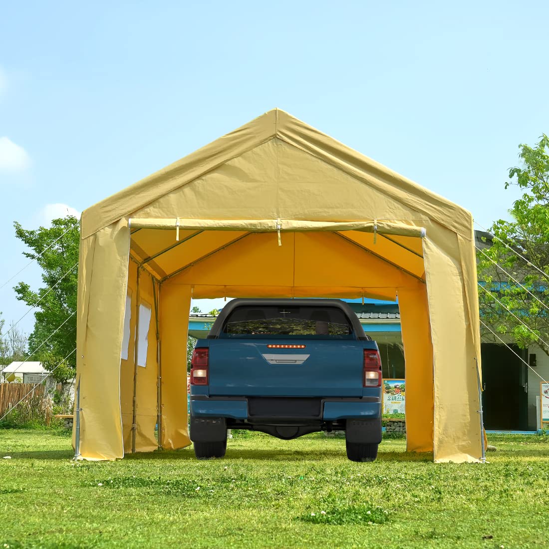 ADVANCE OUTDOOR 12x20 ft Heavy Duty Adjustable Carport with 6 Roll-up Ventilated Windows & Removable Sidewalls Car Canopy Garage Boat Shelter Party Tent, Peak Height from 9.5ft to 11ft, Beige Yellow 12'x20'