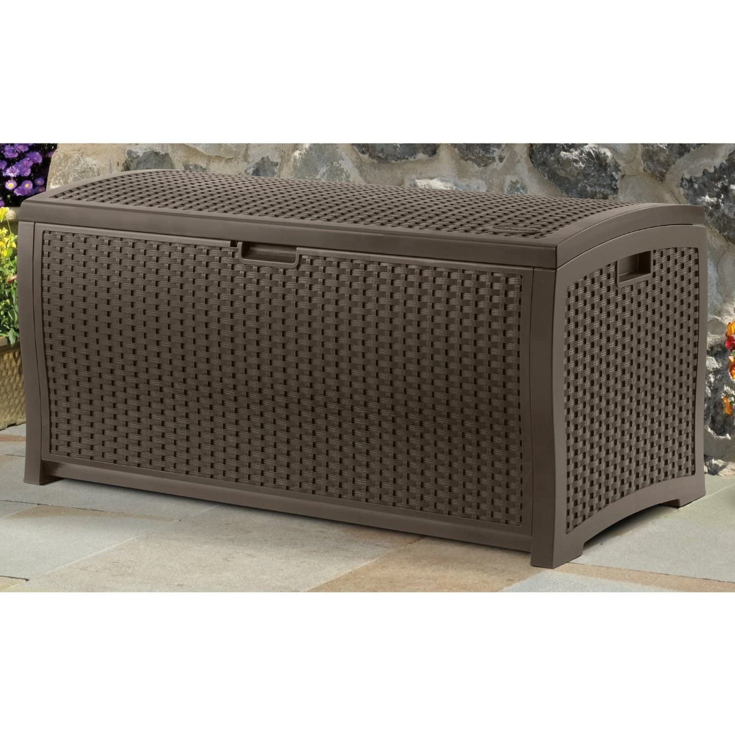 Suncast 99 Gallon Deck Garden Garage Home Wicker Resin Pool Box, Mocha (3 Pack) Deck Box (3 Pack)