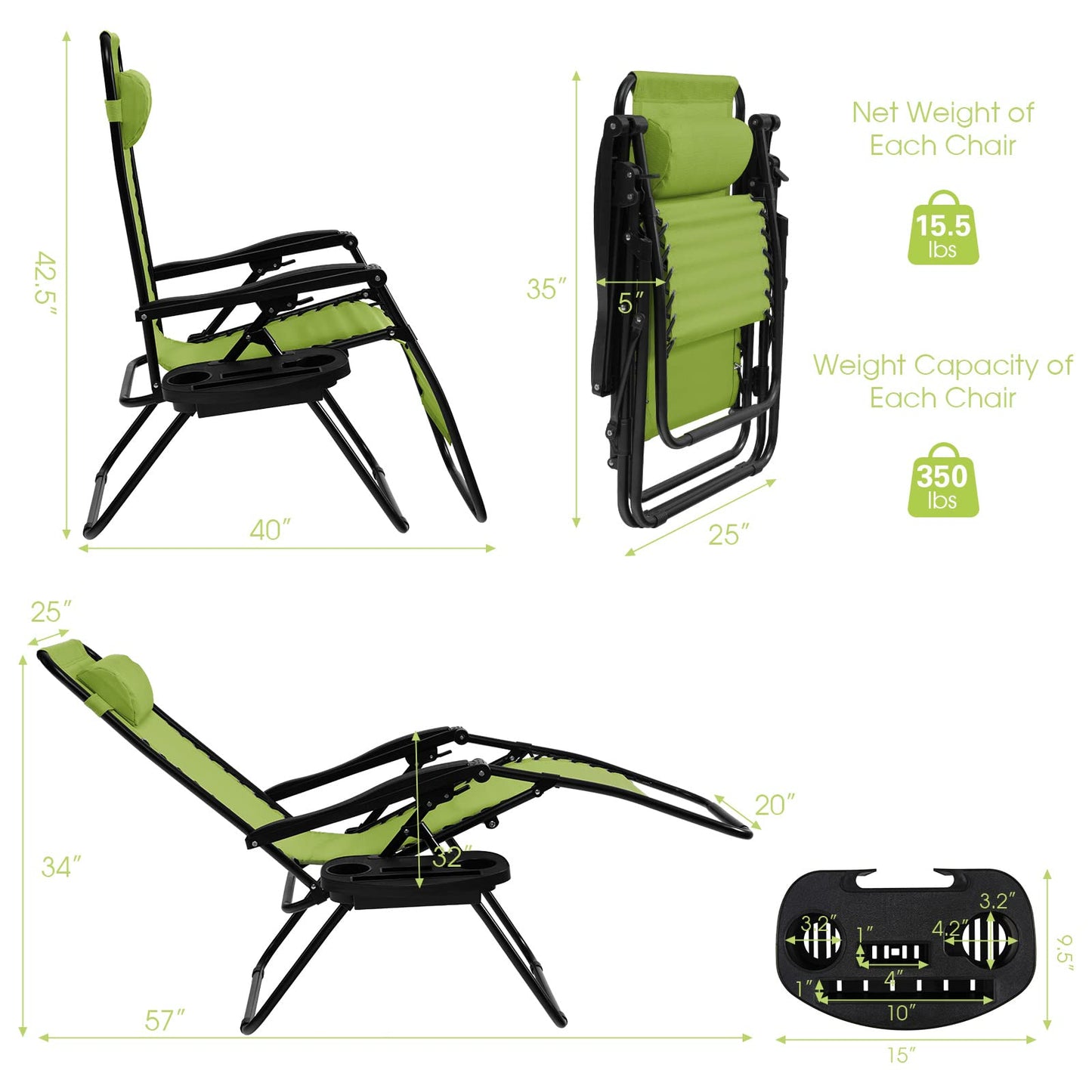 Goplus Zero Gravity Chair, Adjustable Folding Reclining Lounge Chair with Pillow and Cup Holder, Patio Lawn Recliner for Outdoor Pool Camp Yard (1, Green) set of 1