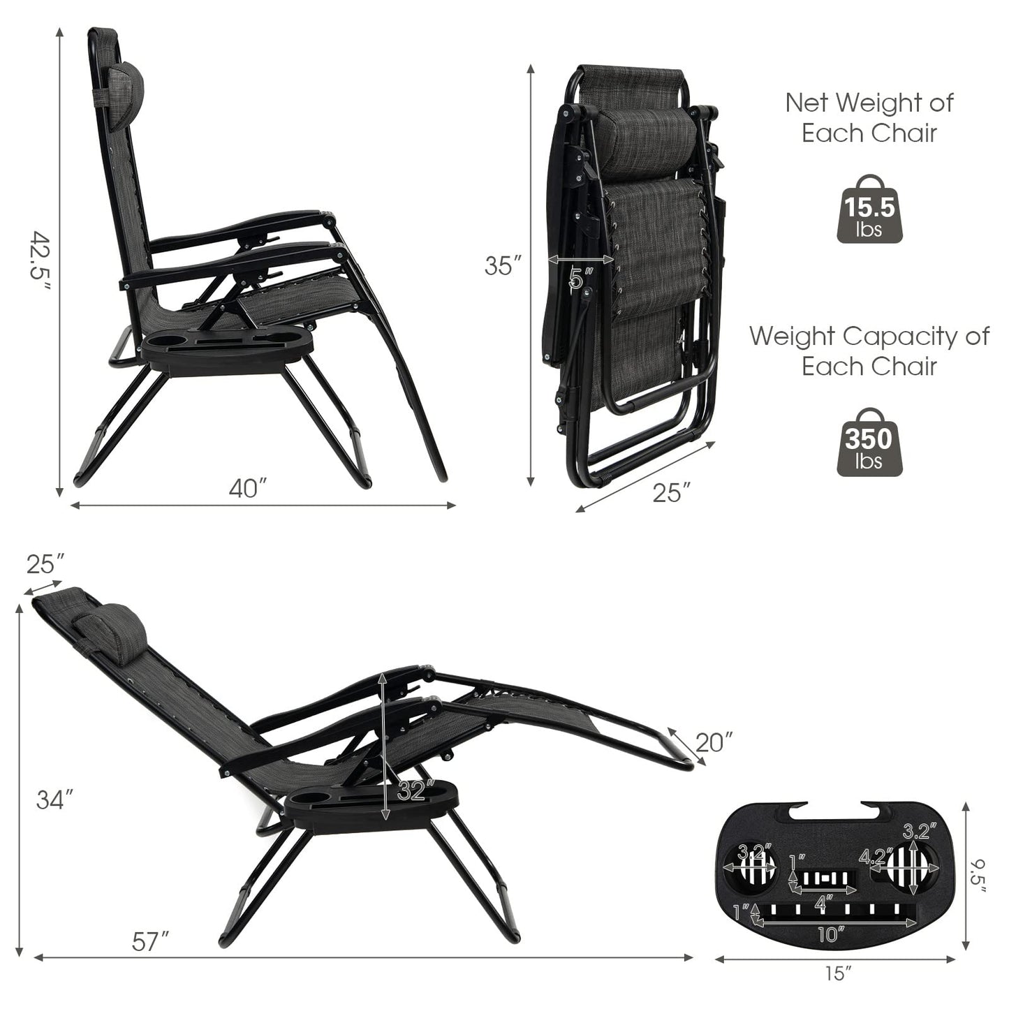 Goplus Zero Gravity Chair, Adjustable Folding Reclining Lounge Chair with Pillow and Cup Holder, Patio Lawn Recliner for Outdoor Pool Camp Yard (1, Grey) set of 1